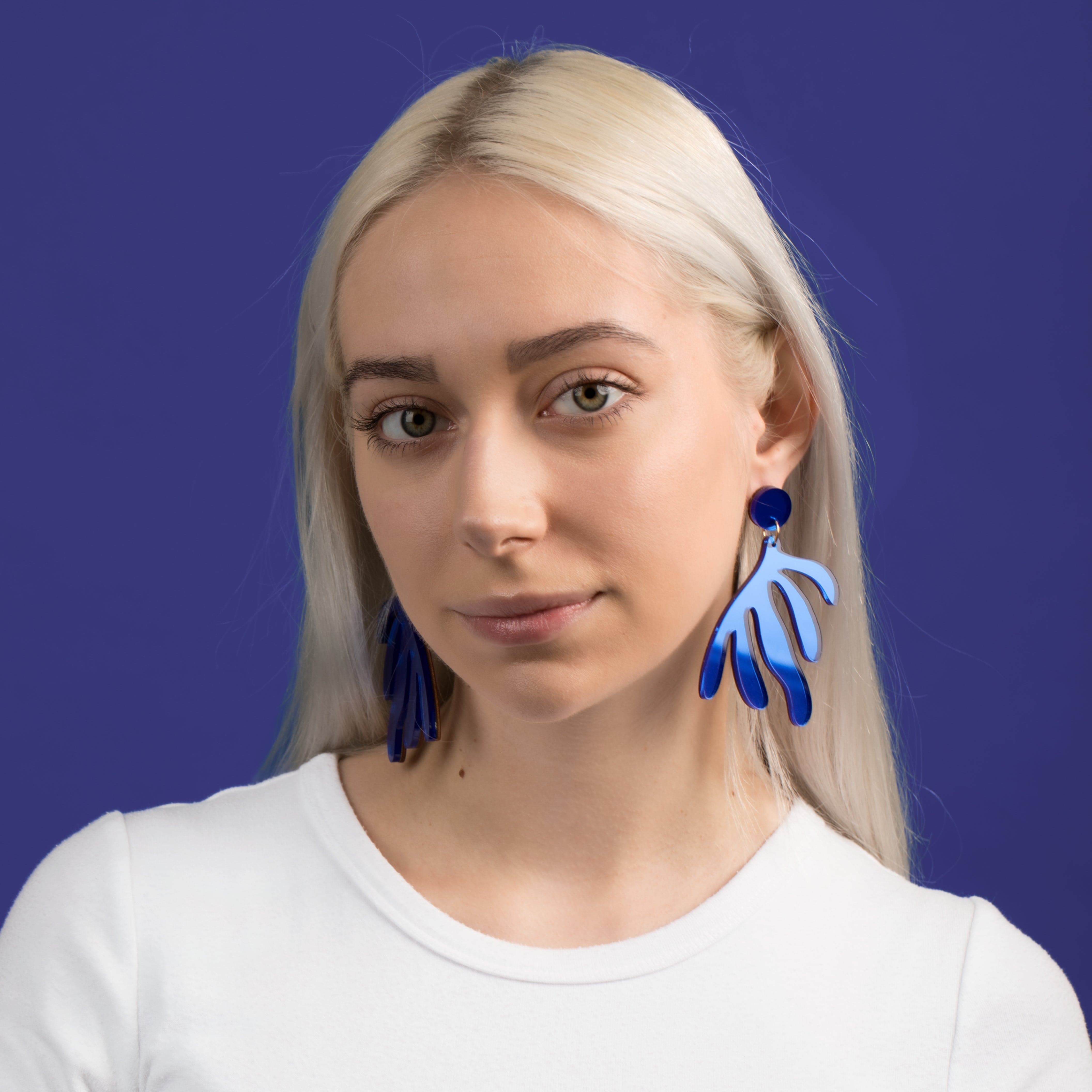 Art inspired statement earrings. Matisse dangly statement earrings in mirrored blue acrylic #color_blue-mirror