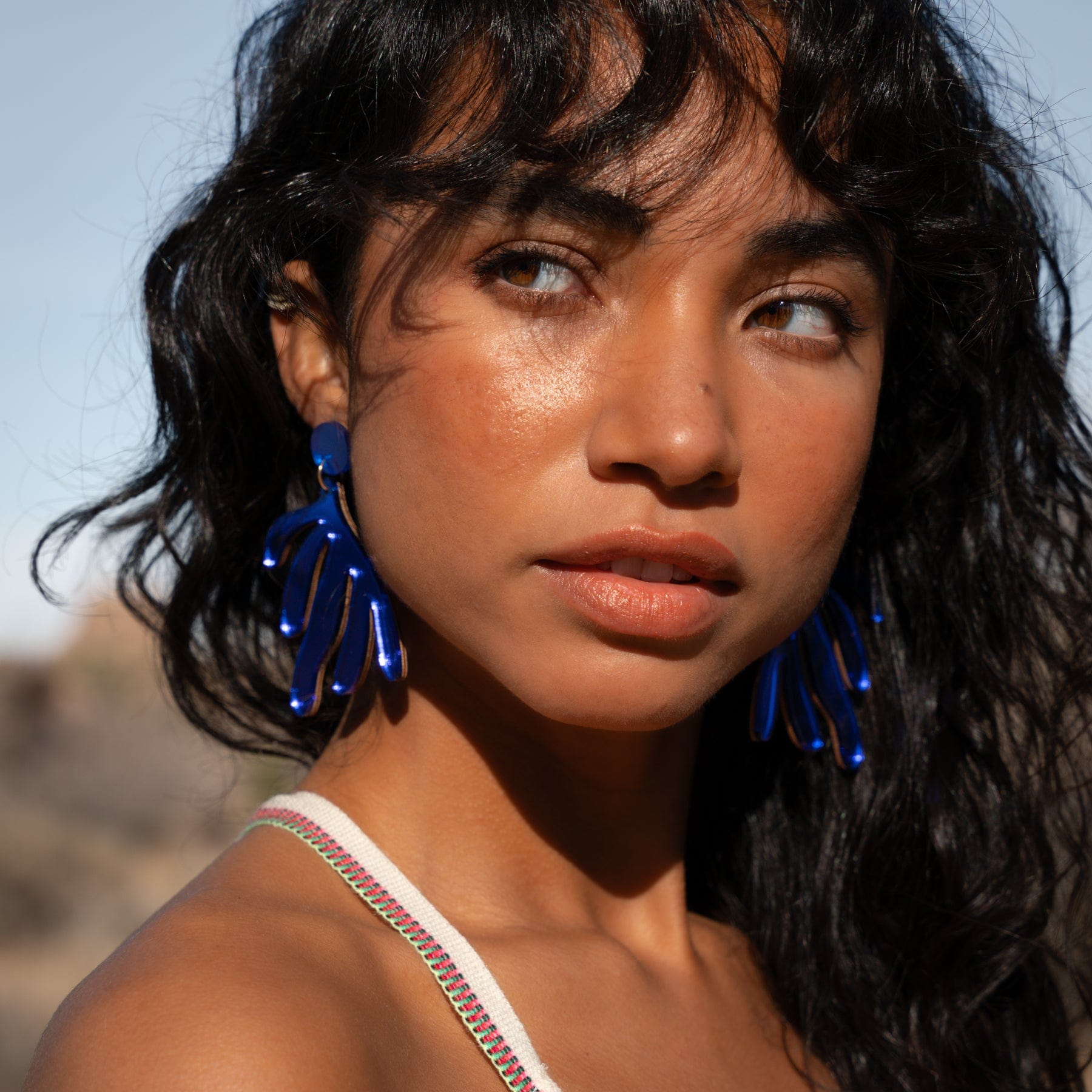 Art inspired statement earrings. Matisse dangly statement earrings in mirrored blue acrylic #color_blue-mirror