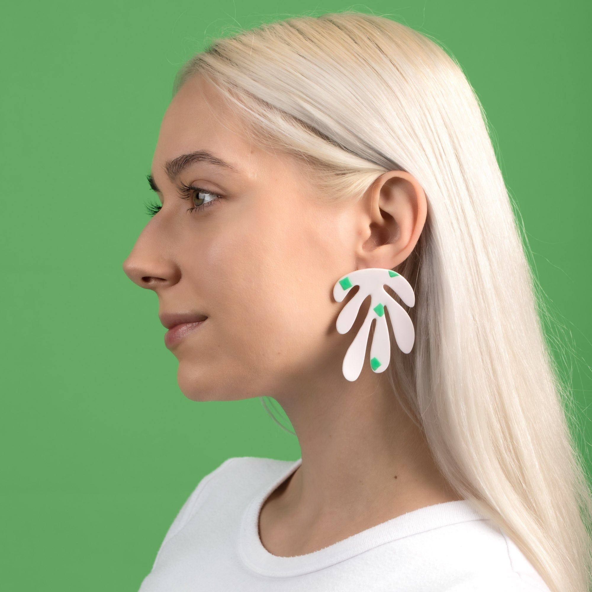 Matisse inspired white and green stud statement earrings handmade in polymer clay