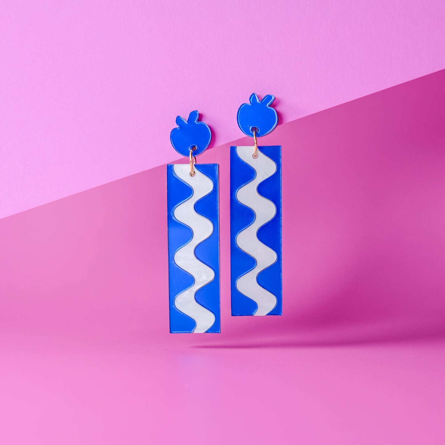 Elegant and funky Matisse Wave inspired dangly statement earrings with pomegranate stud. Hand-made in acrylic in NYC #color_blue-mirror