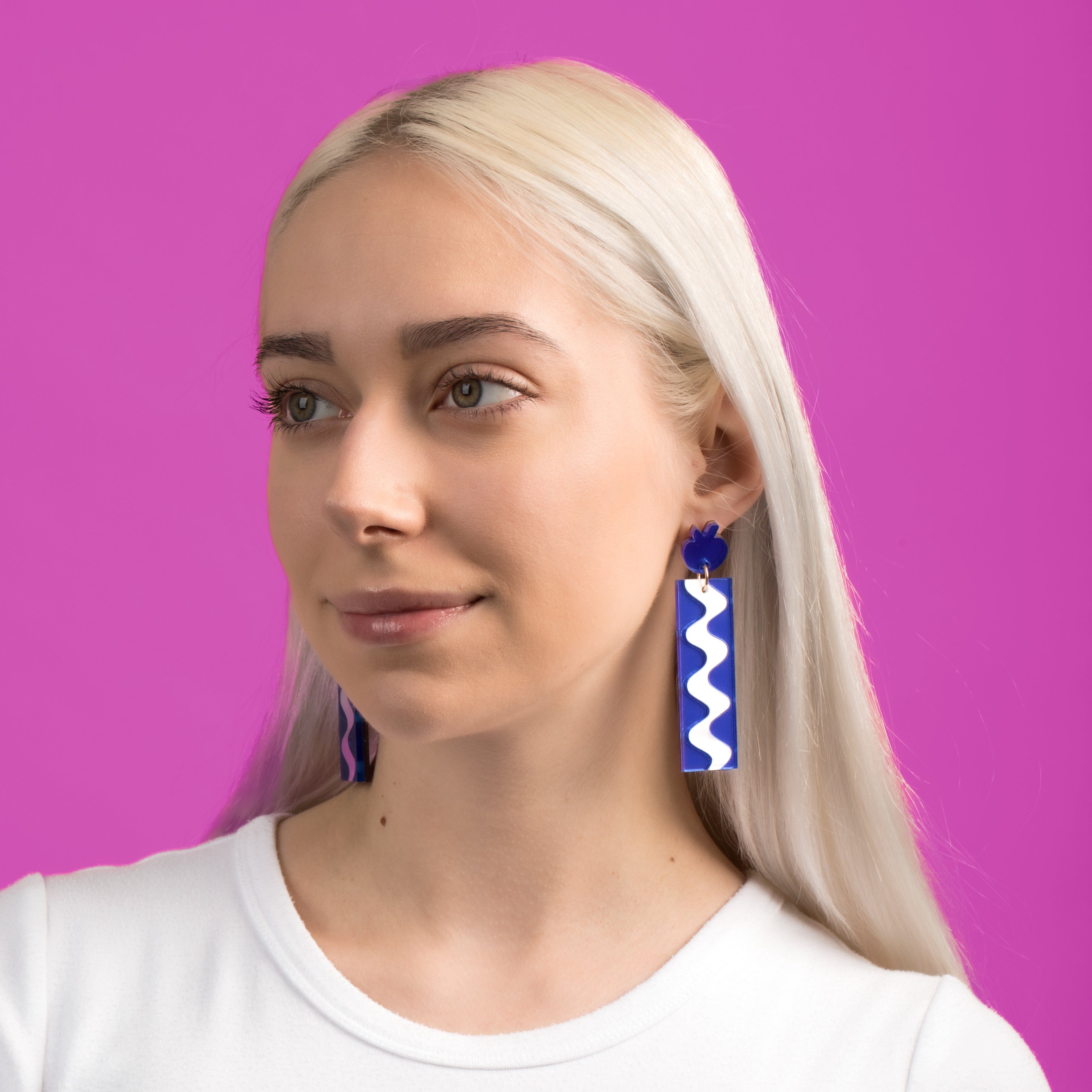 Elegant and funky Matisse Wave inspired dangly statement earrings with pomegranate stud. Hand-made in acrylic in NYC #color_blue-mirror