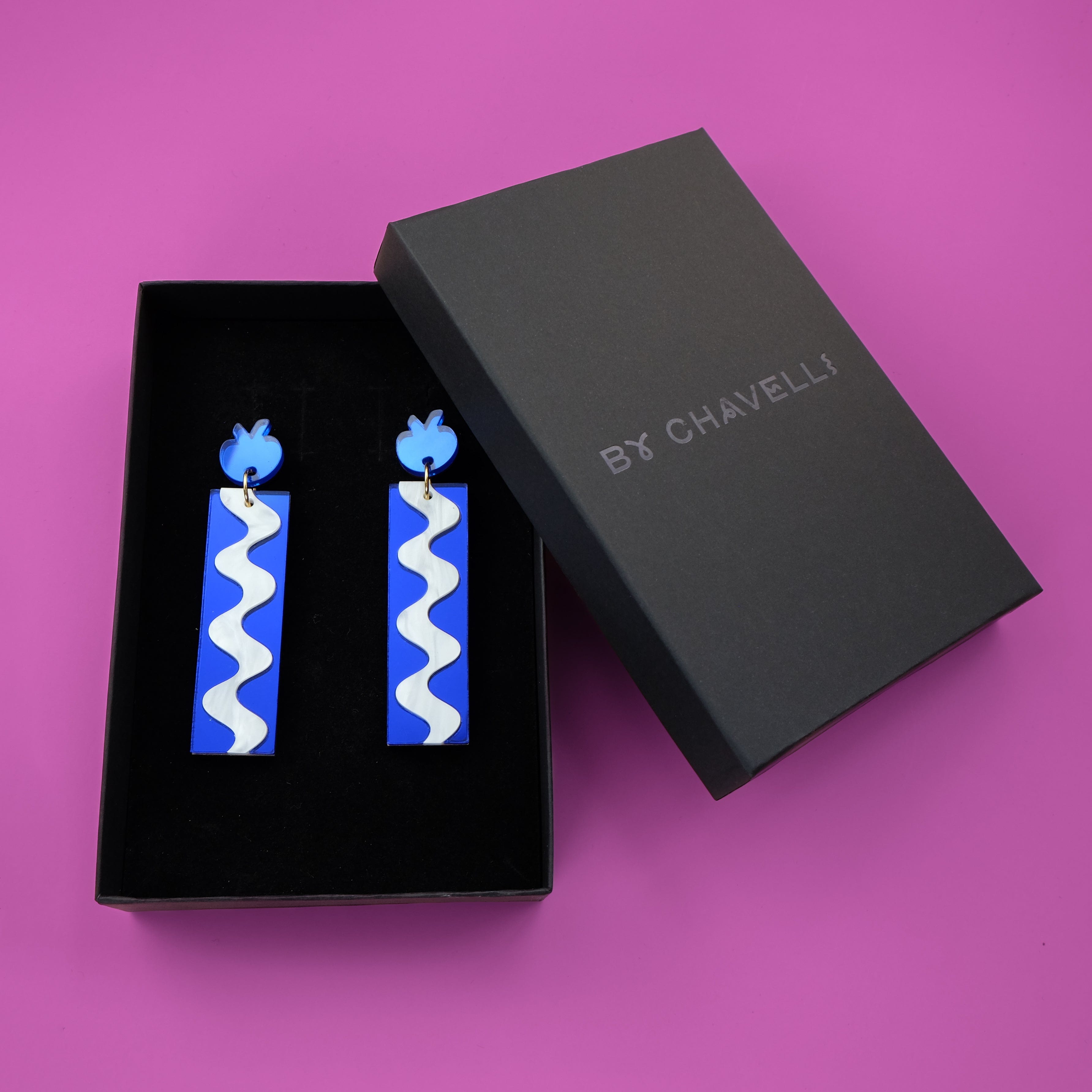 Elegant and funky Matisse Wave inspired dangly statement earrings with pomegranate stud. Hand-made in acrylic in NYC #color_blue-mirror