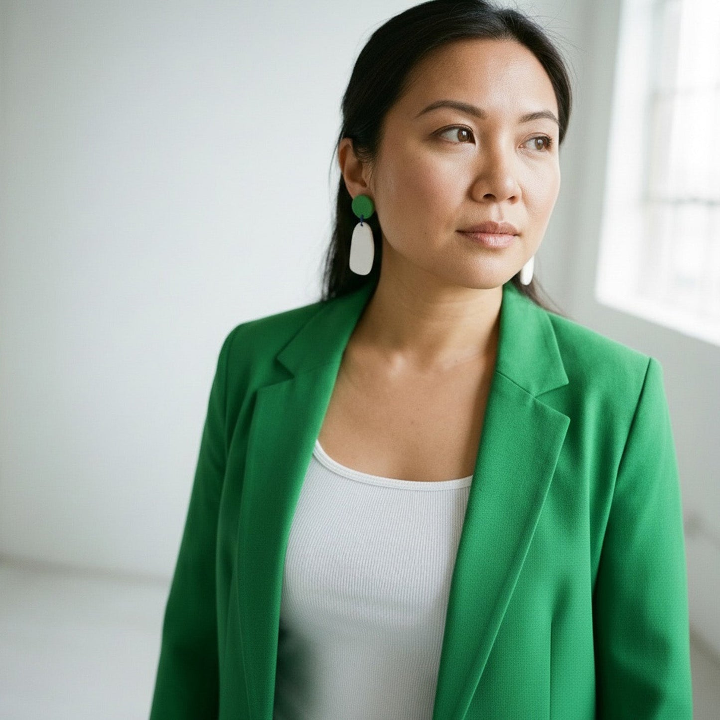 Green & white pebble drop earrings, matte, lightweight, textured, two-piece linked by blue rings #color_green-white-blue