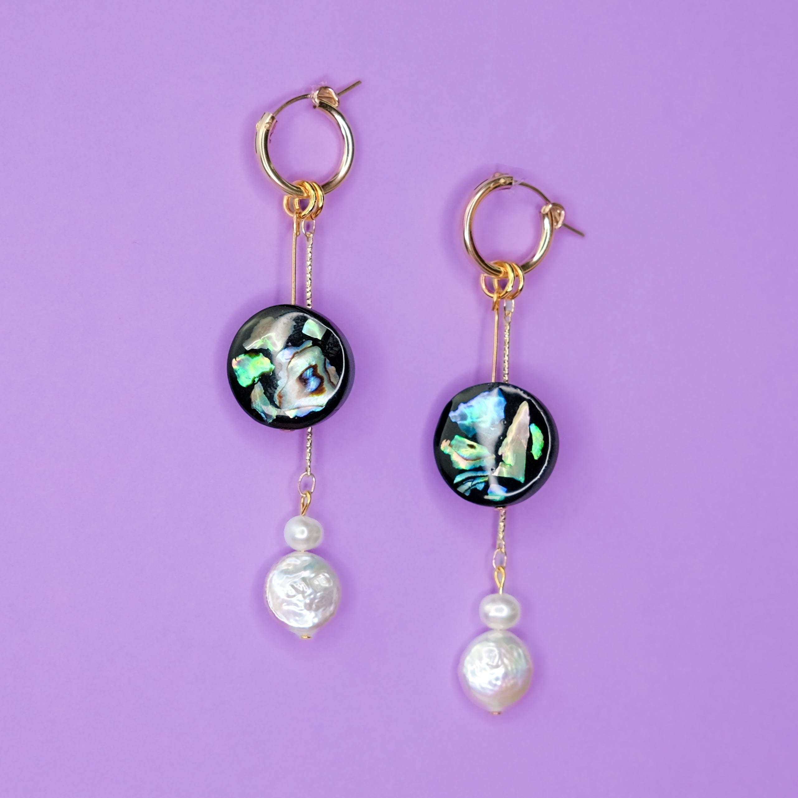 hand-made mother of pearl terrazzo charm hoop earrings #color_mother-of-pearl-terrazzo-black