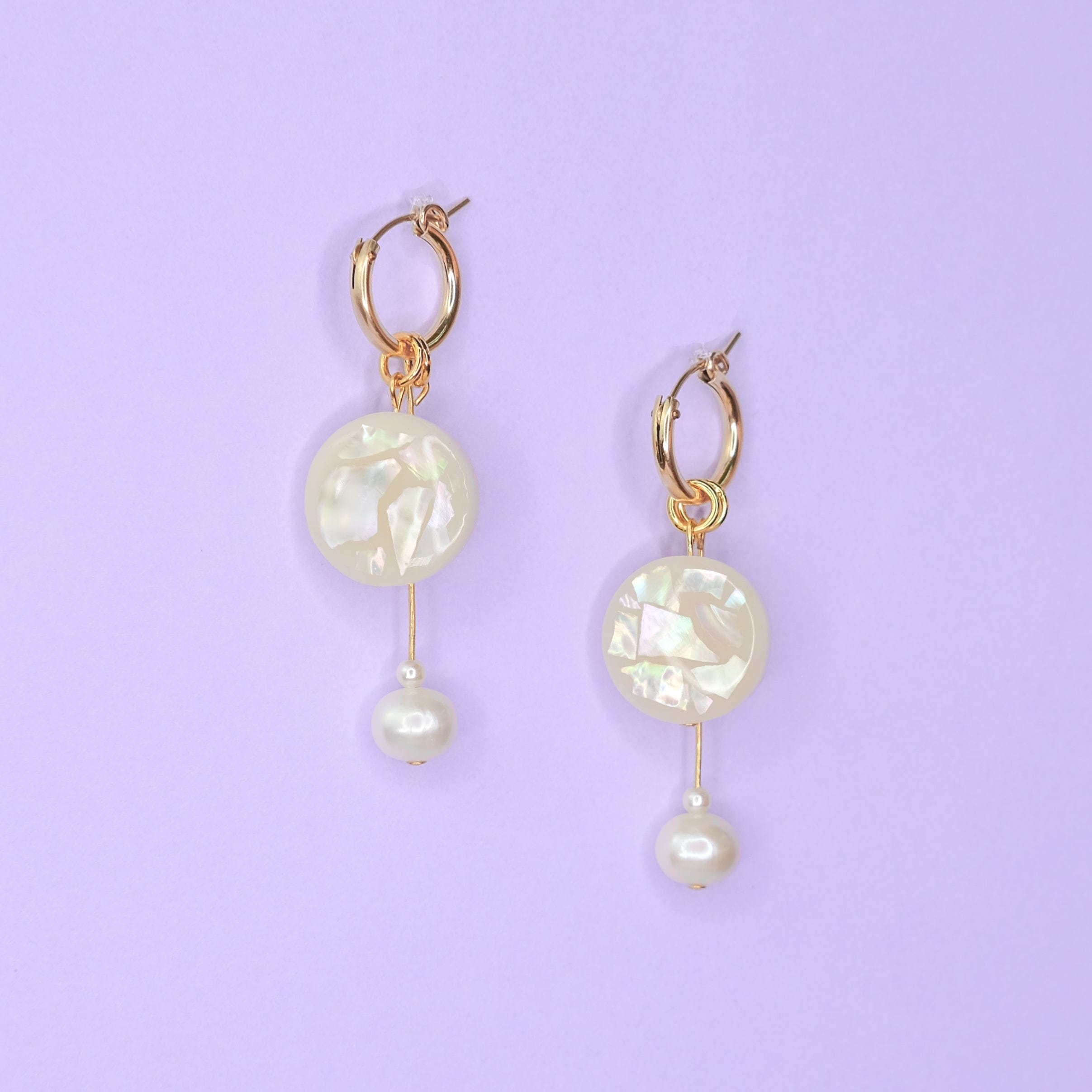 hand-made mother of pearl terrazzo charm hoop earrings #color_mother-of-pearl-terrazzo-white