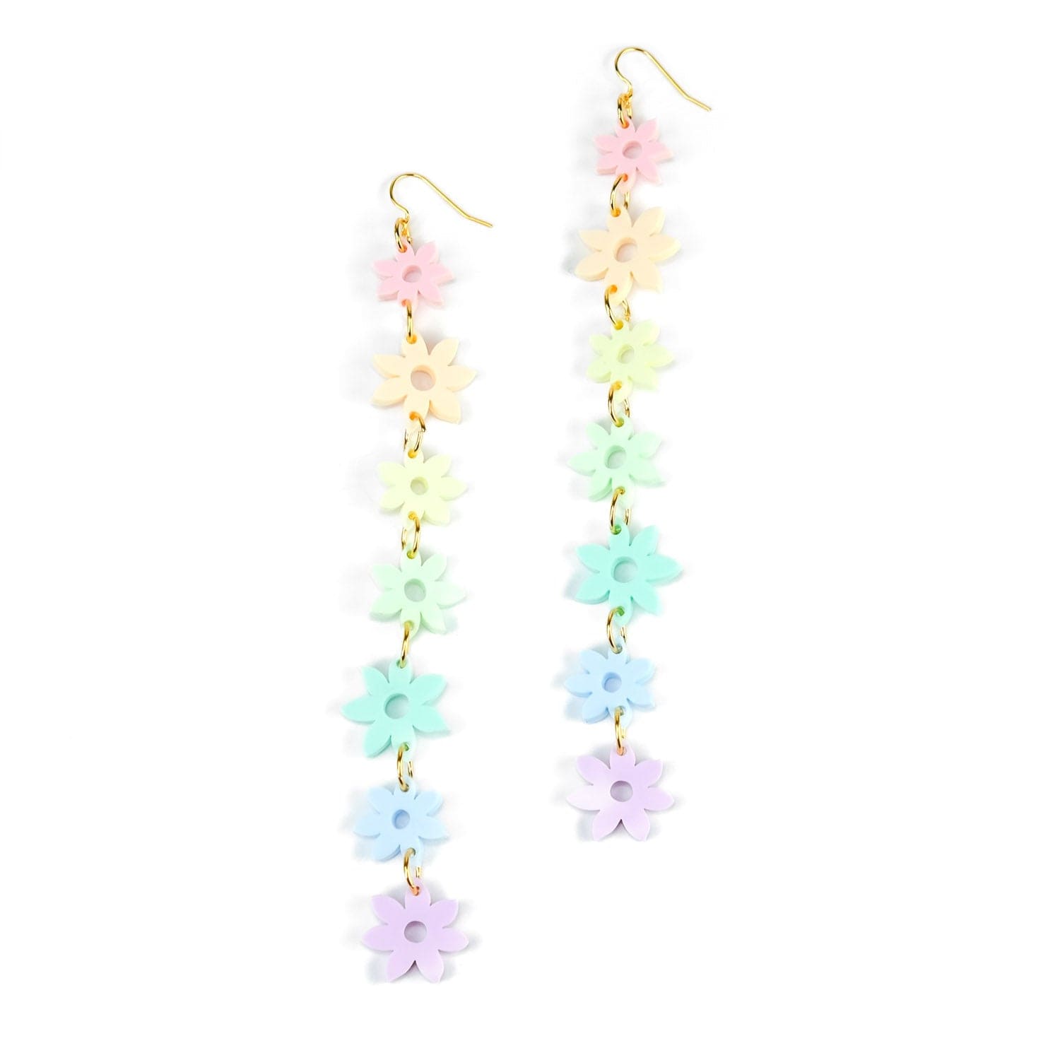 Lightweight, bohemian Pastel Rainbow Flower statement dangly earrings #color_pastel-rainbow