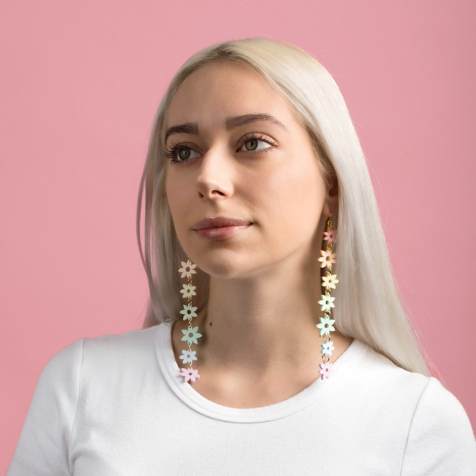 Lightweight, bohemian Pastel Rainbow Flower statement dangly earrings #color_pastel-rainbow