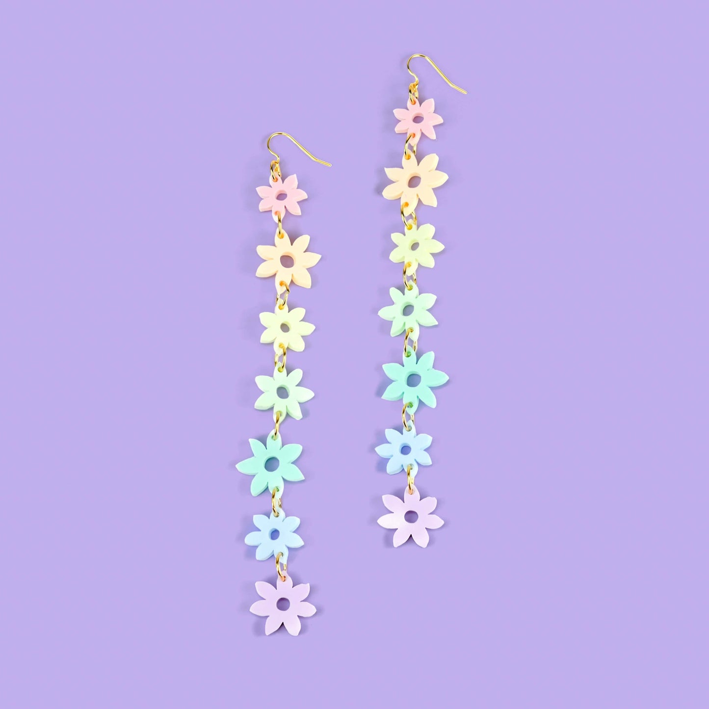 Lightweight, bohemian Pastel Rainbow Flower statement dangly earrings #color_pastel-rainbow