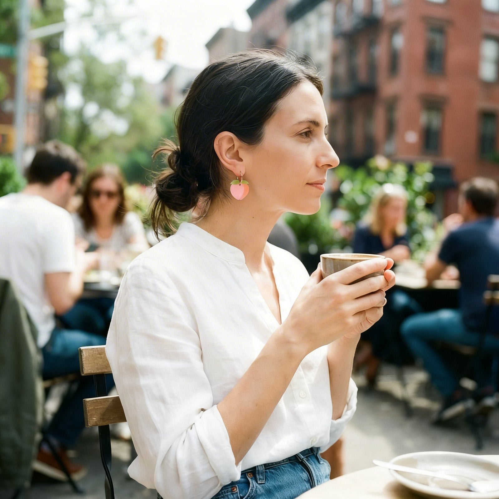 Cute, dainty and lightweight Peach dangly earrings with gold-filled hoops