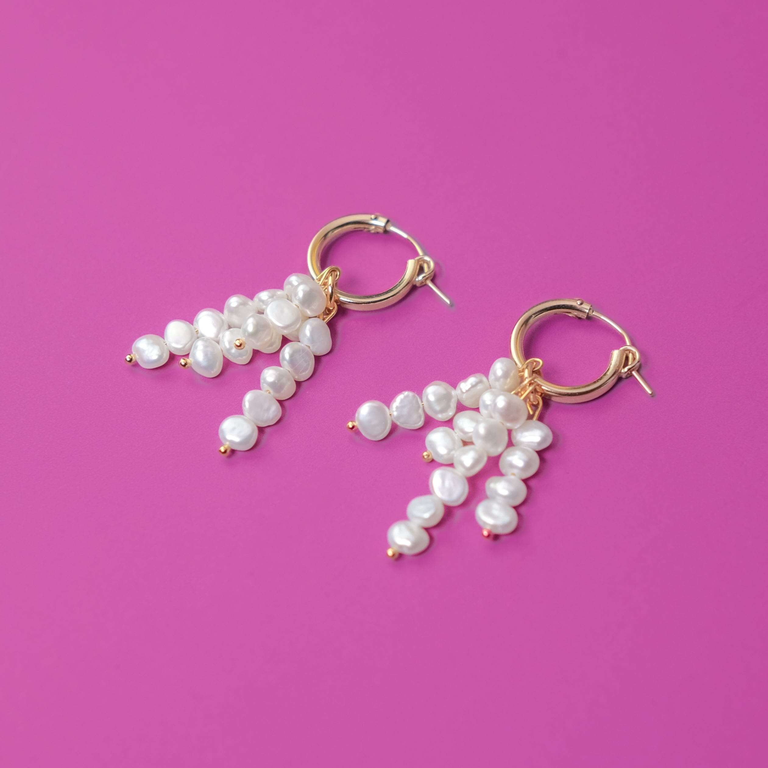 Elegant and fun freshwater pearl tassel earrings on 14k gold filled hoops