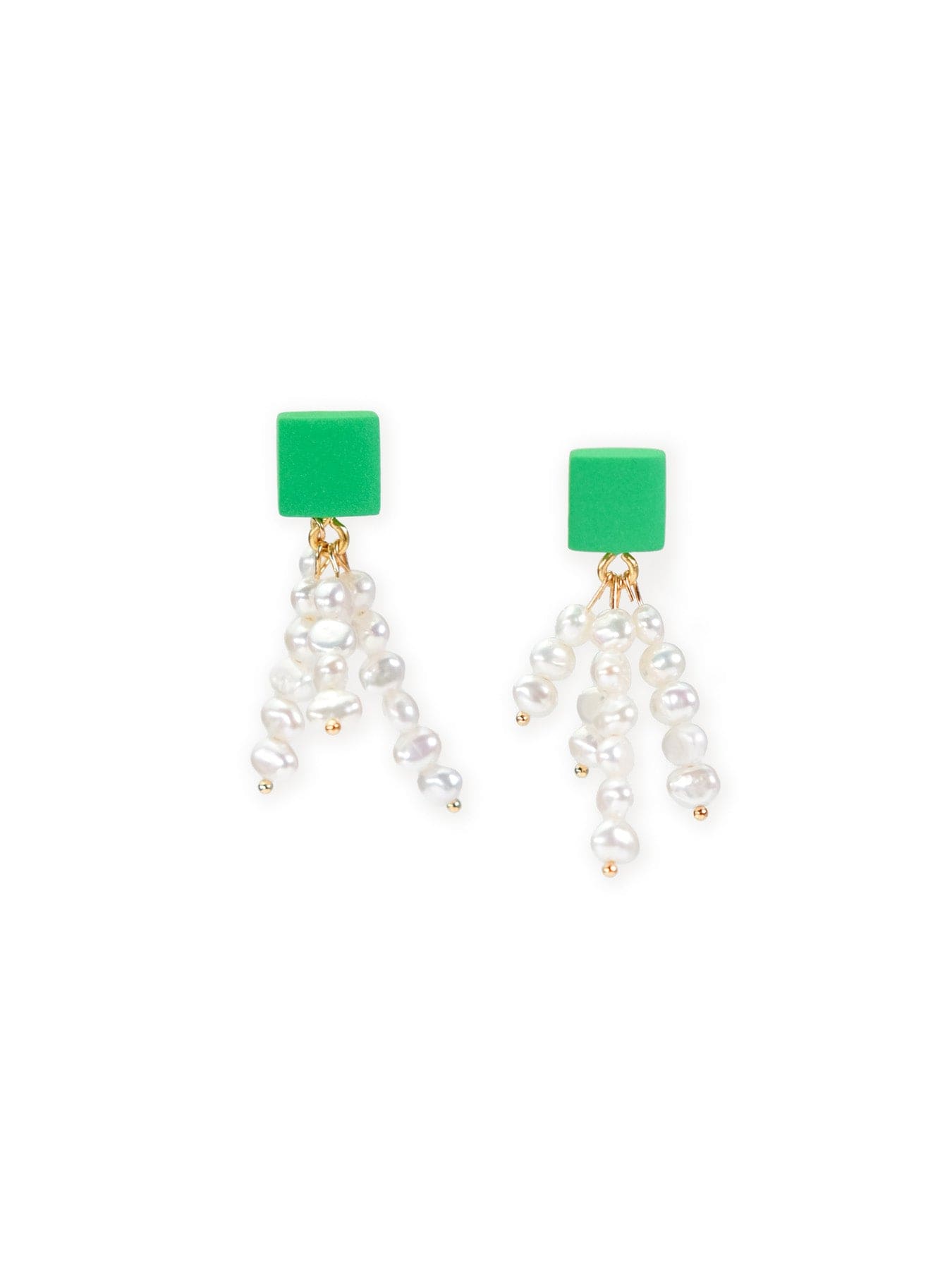 Modern pearl tassel studs in fresh kelly green, matte square top with cascading freshwater-style pearls #color_green