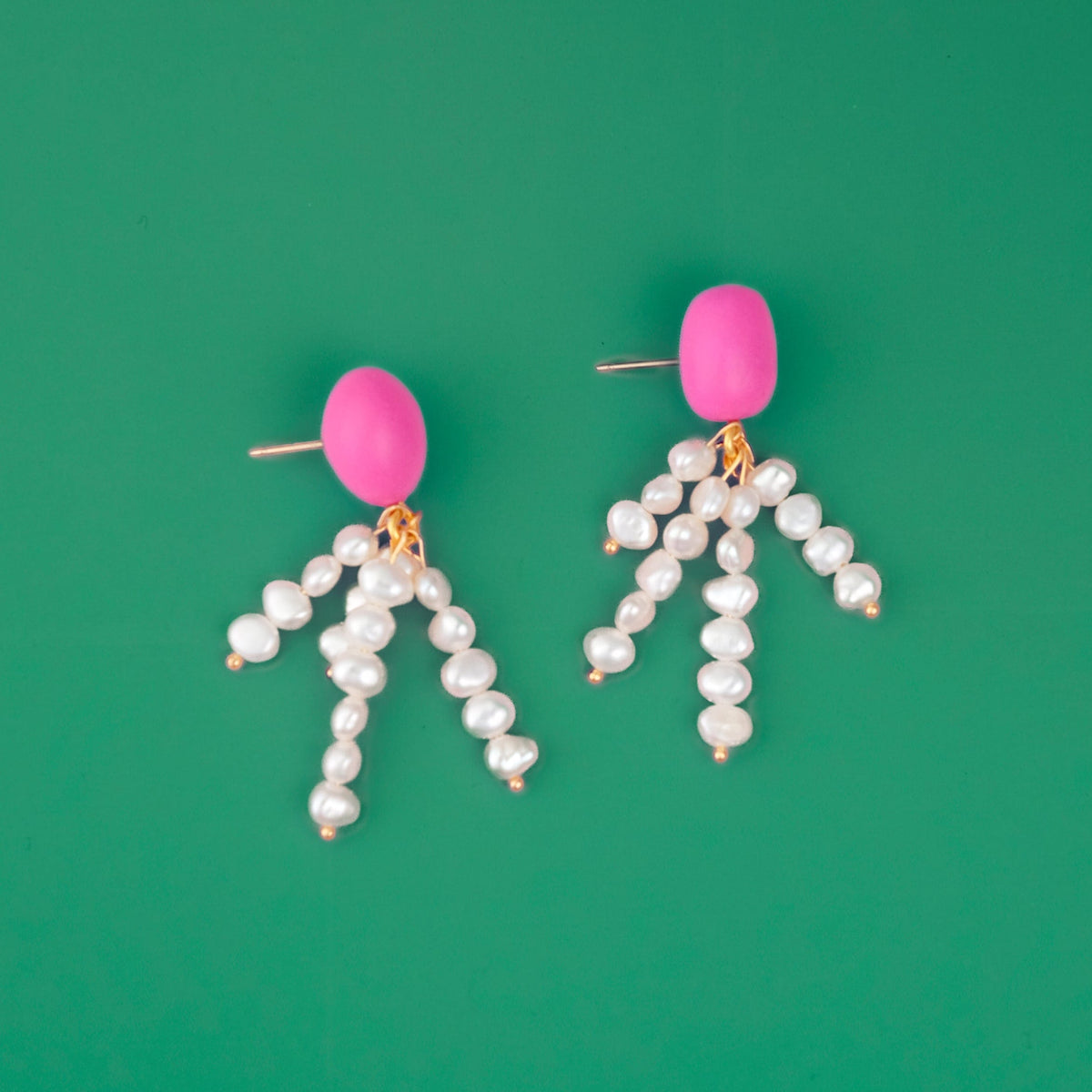 Elegant and fun pearl tassel dangly earrings with a pop of hot pink and 14k gold-filled posts #color_pink