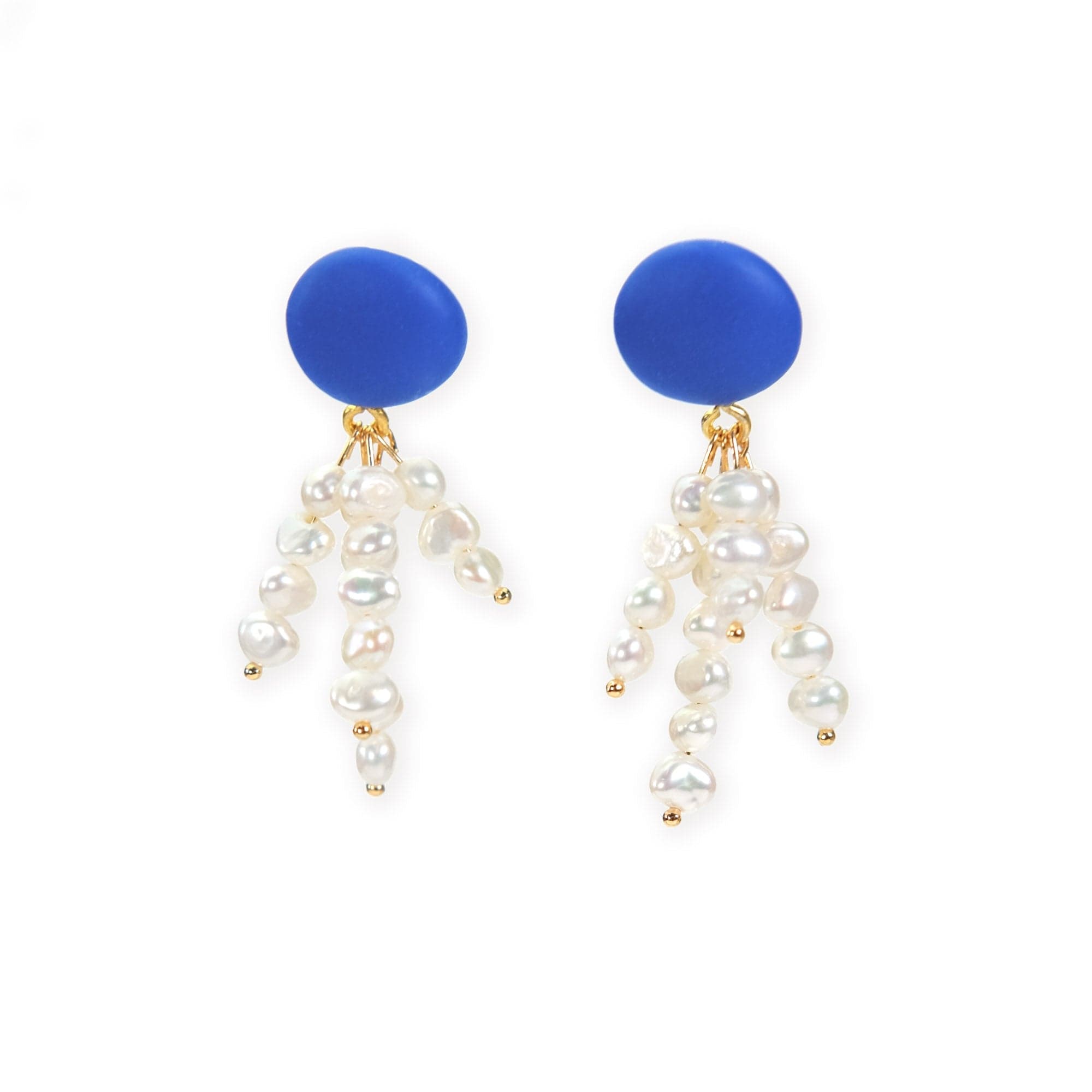 Elegant and fun pearl tassel dangly earrings with a pop of blue color and 14k gold-filled posts #color_blue