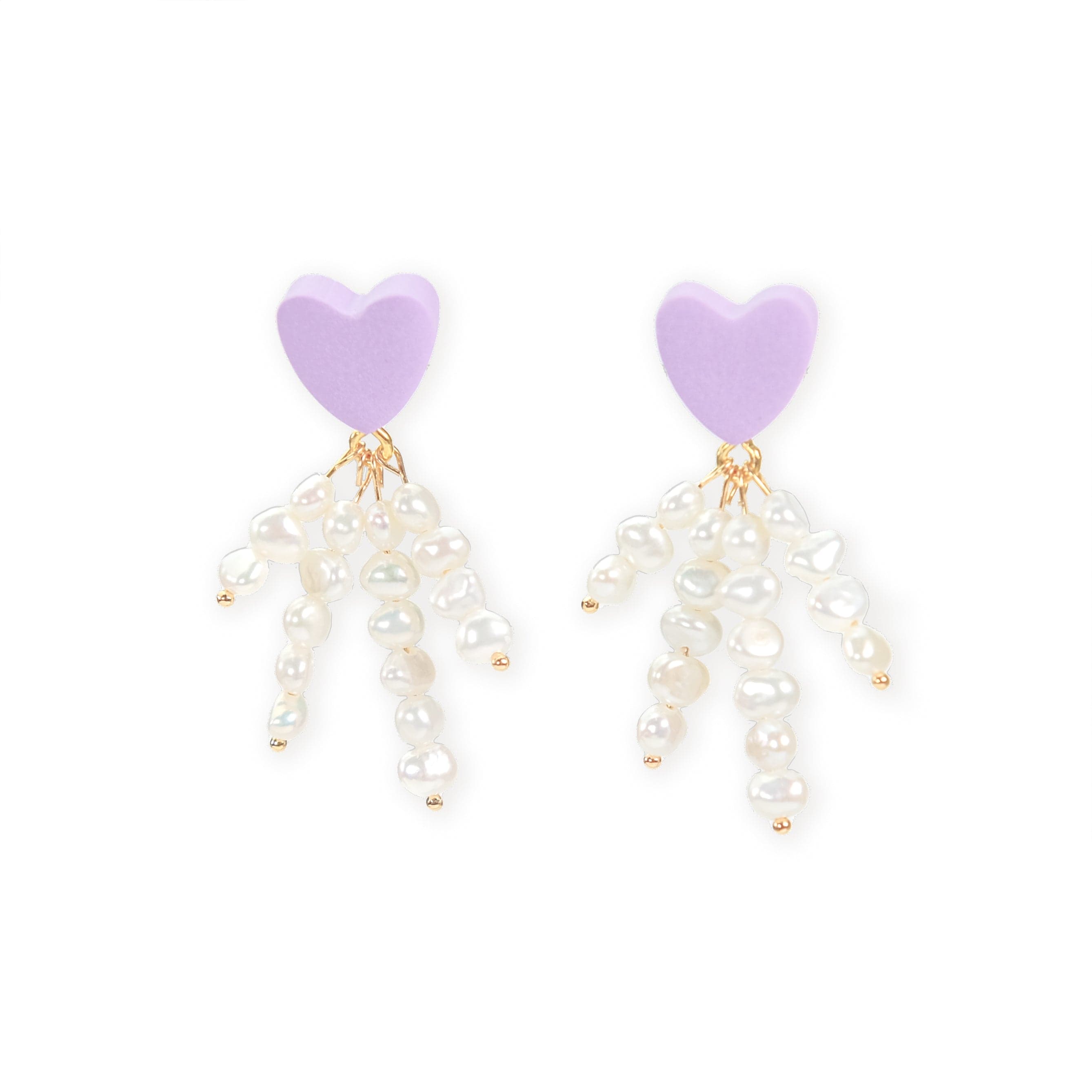 Elegant and fun pearl tassel dangly earrings with a lavender colored hearts and 14k gold-filled posts #color_lavender