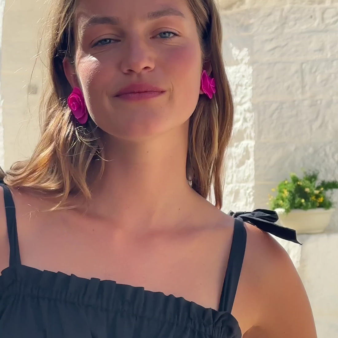 Hand-made statement flower rosette stud earrings in hot pink #color_hot-pink