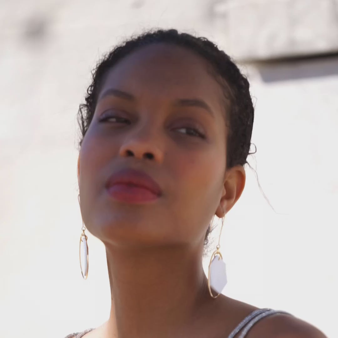 Hex Halo Dangly hexagon shaped elegant and lightweight white and gold earrings #color_white-textured-lines