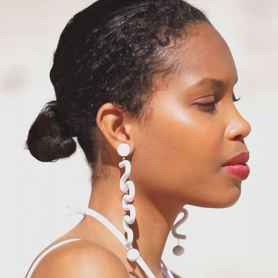 Tube Squiggles Dangly Funky Statement Earrings in Granite White #color_granite