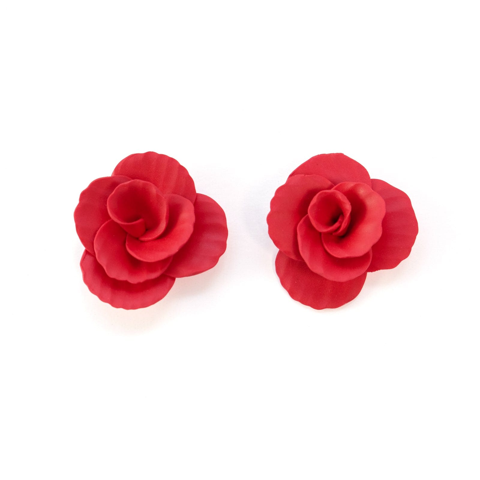 Hand-made statement flower rosette stud earrings in red #color_red