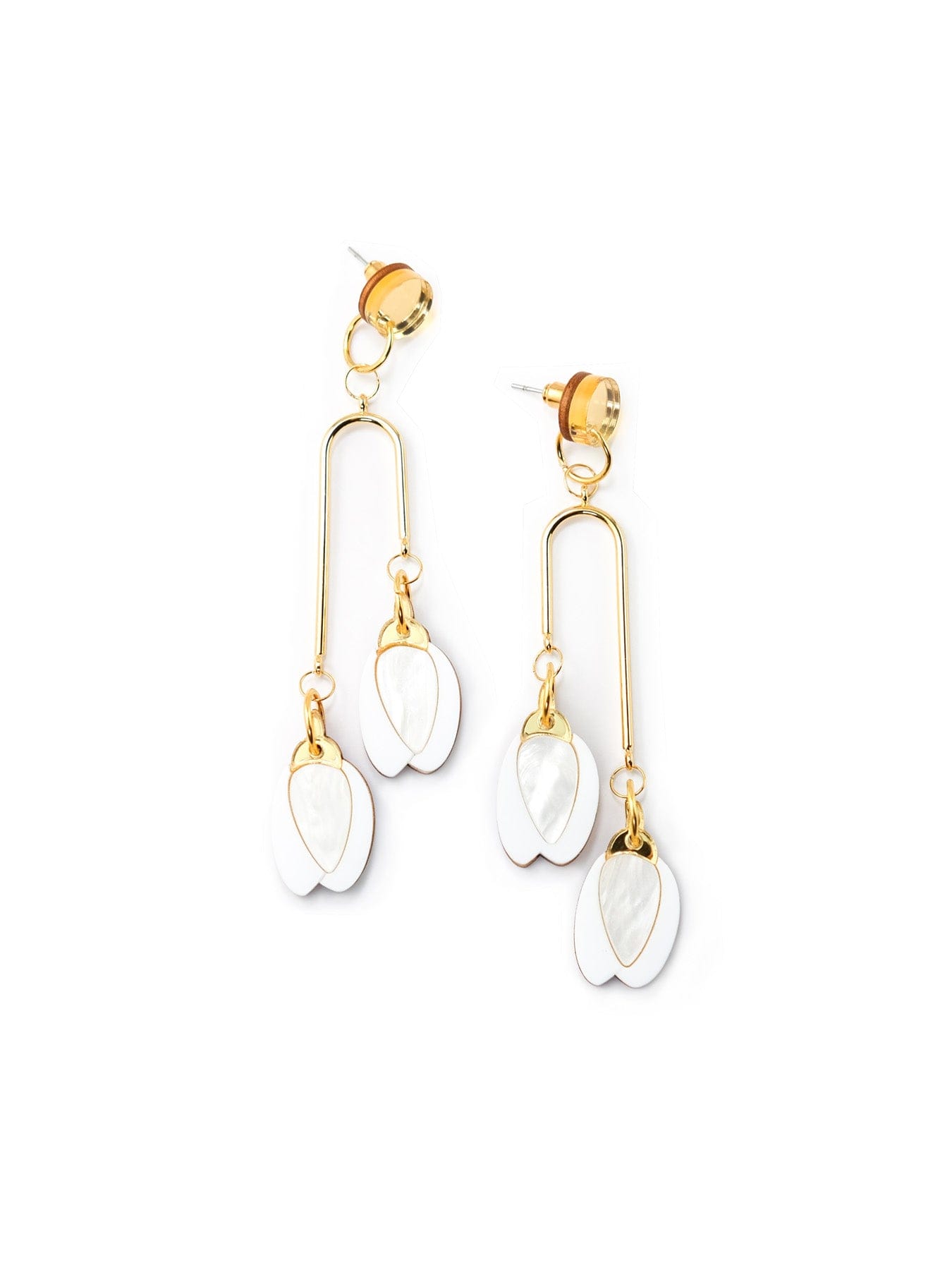 White floral bud drop earrings, glossy, lightweight, elegant, gold elongated U-frame with twin petal charms #color_white