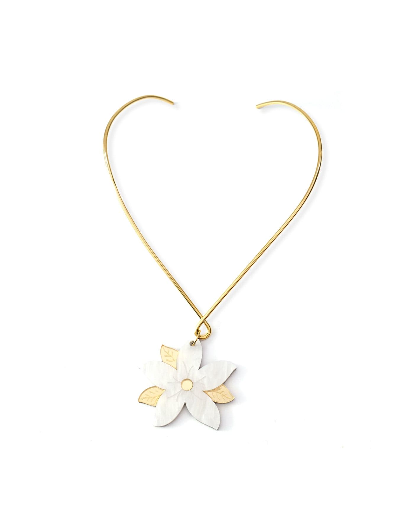 White sampaguita flower necklace, glossy, lightweight, reflective, marbled petal pendant with gold leaves on open gold collar #color_white-gold