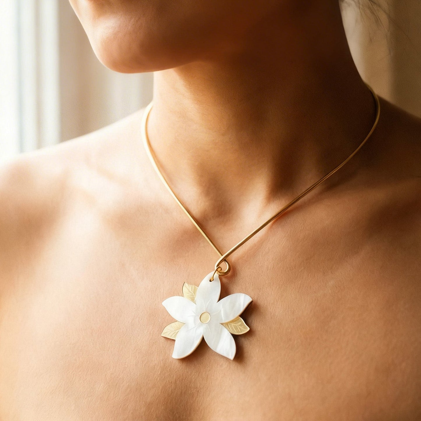 Elegant white and gold sampaguita flower necklace handmade in NYC