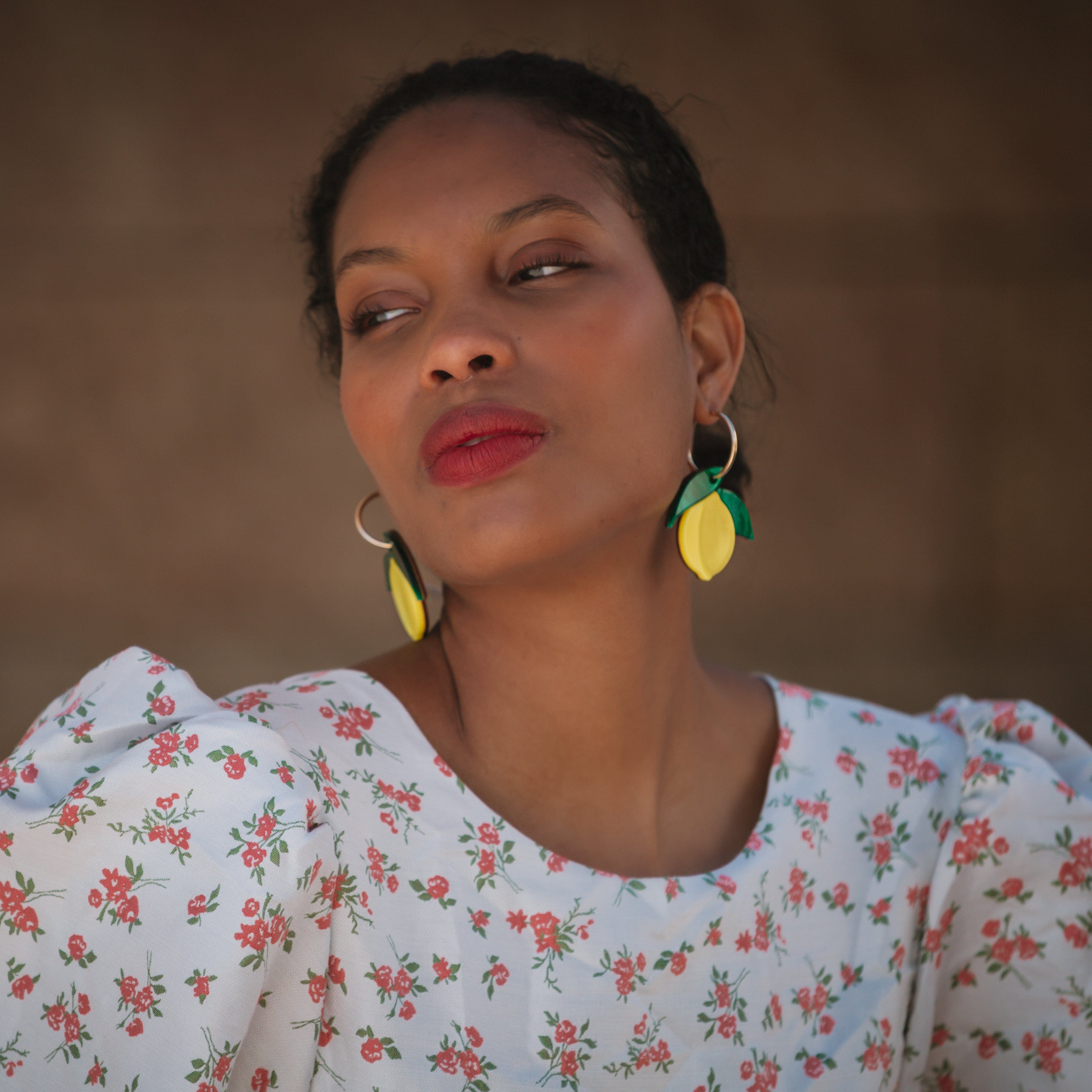 Fun and vibrant Sicilian lemon dangly earrings with gold-filled hoops
