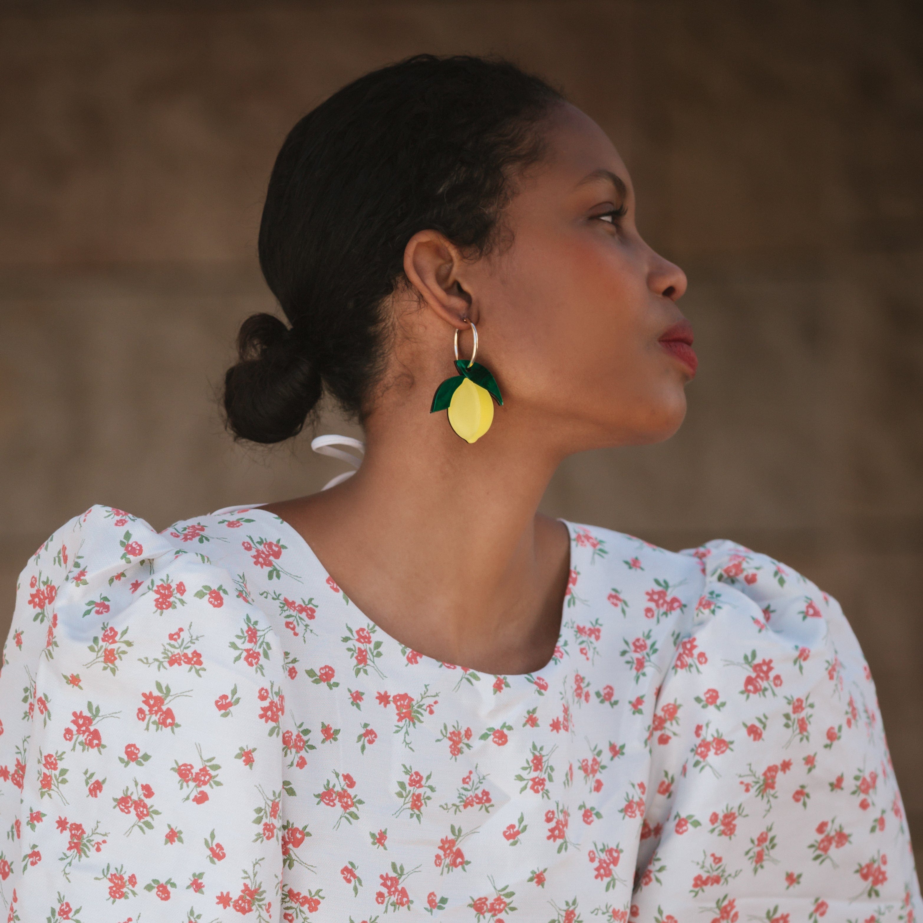 Fun and vibrant Sicilian lemon dangly earrings with gold-filled hoops