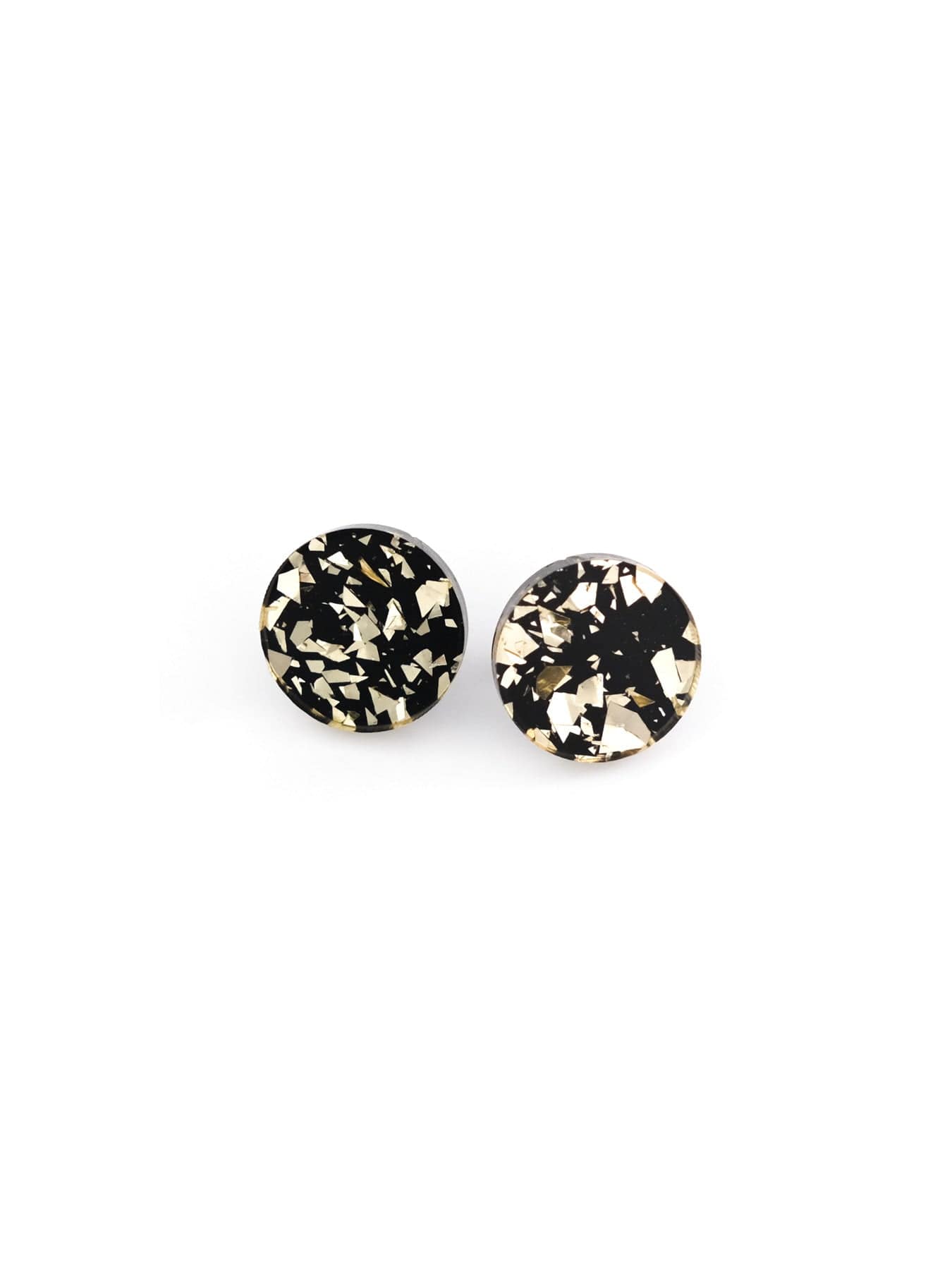Black confetti stud earrings, glossy, glittery, lightweight, circular resin with gold flecks #color_black