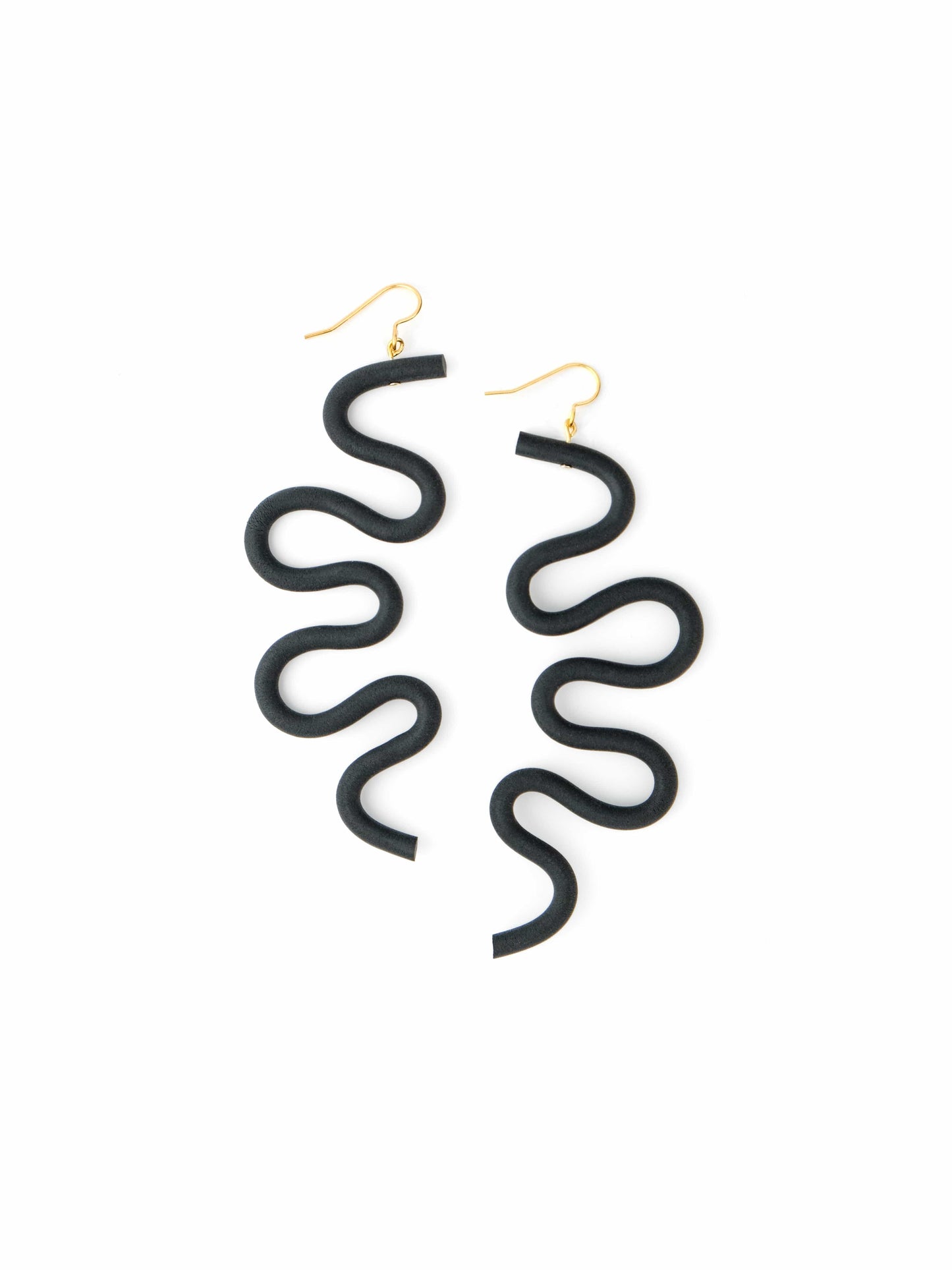 Black squiggle drop earrings, playful, geometric, smooth matte surface, gold-linked #color_black