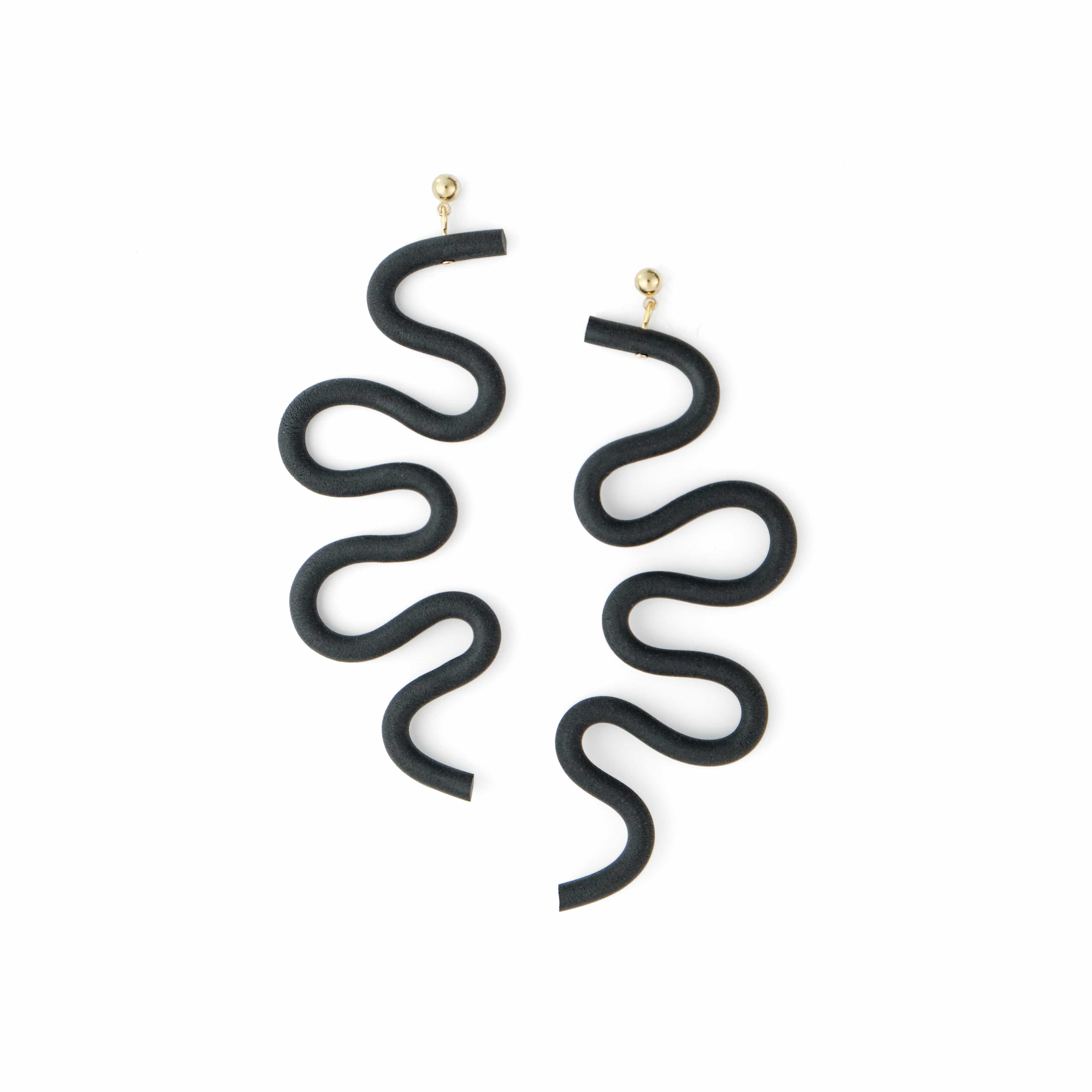 Tube Squiggle dangly statement earrings small in black #color_black