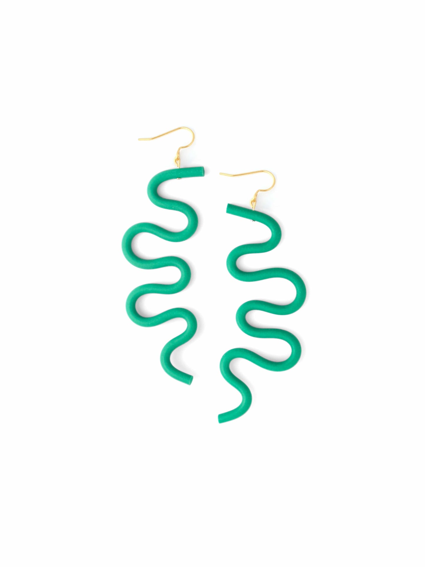 Emerald-green wavy earrings, oversized, matte, tubular, sculptural squiggle design with gold hooks #color_emerald-green