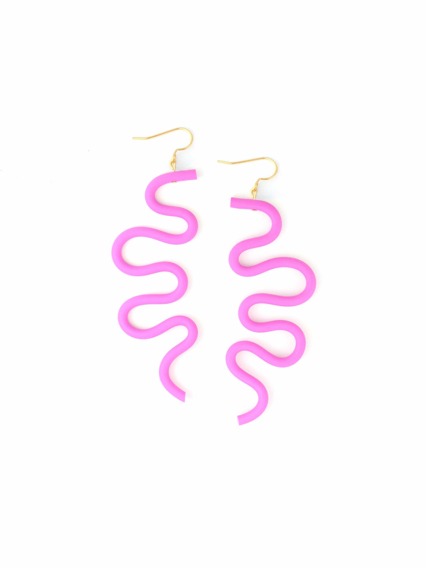 Hot pink wavy statement earrings, smooth finish, airy, elongated zigzag shape, gold fishhook findings #color_hot-pink
