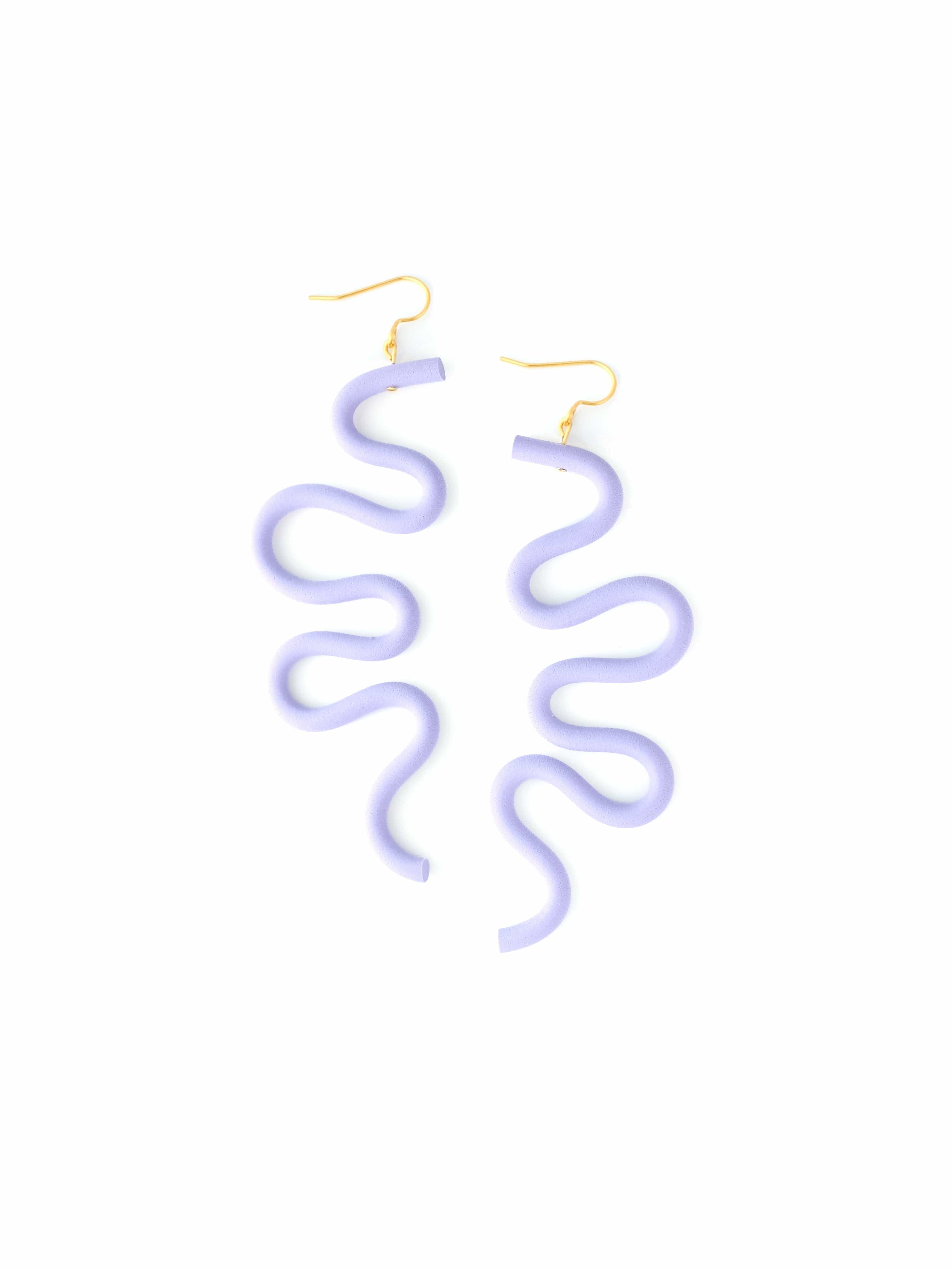 Lavender squiggle drop earrings, playful, geometric, smooth matte surface, gold-linked #color_lavender