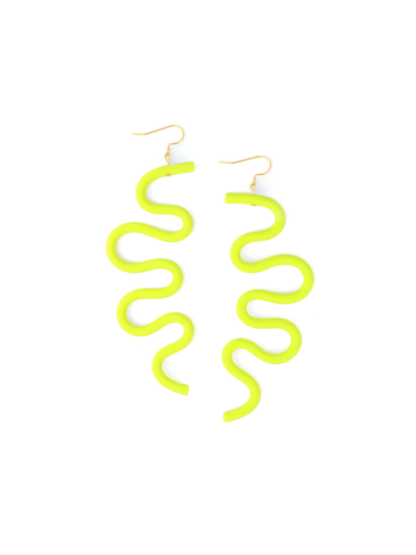 Neon-yellow wavy earrings, oversized, matte, tubular, sculptural squiggle design with gold hooks #color_neon-yellow