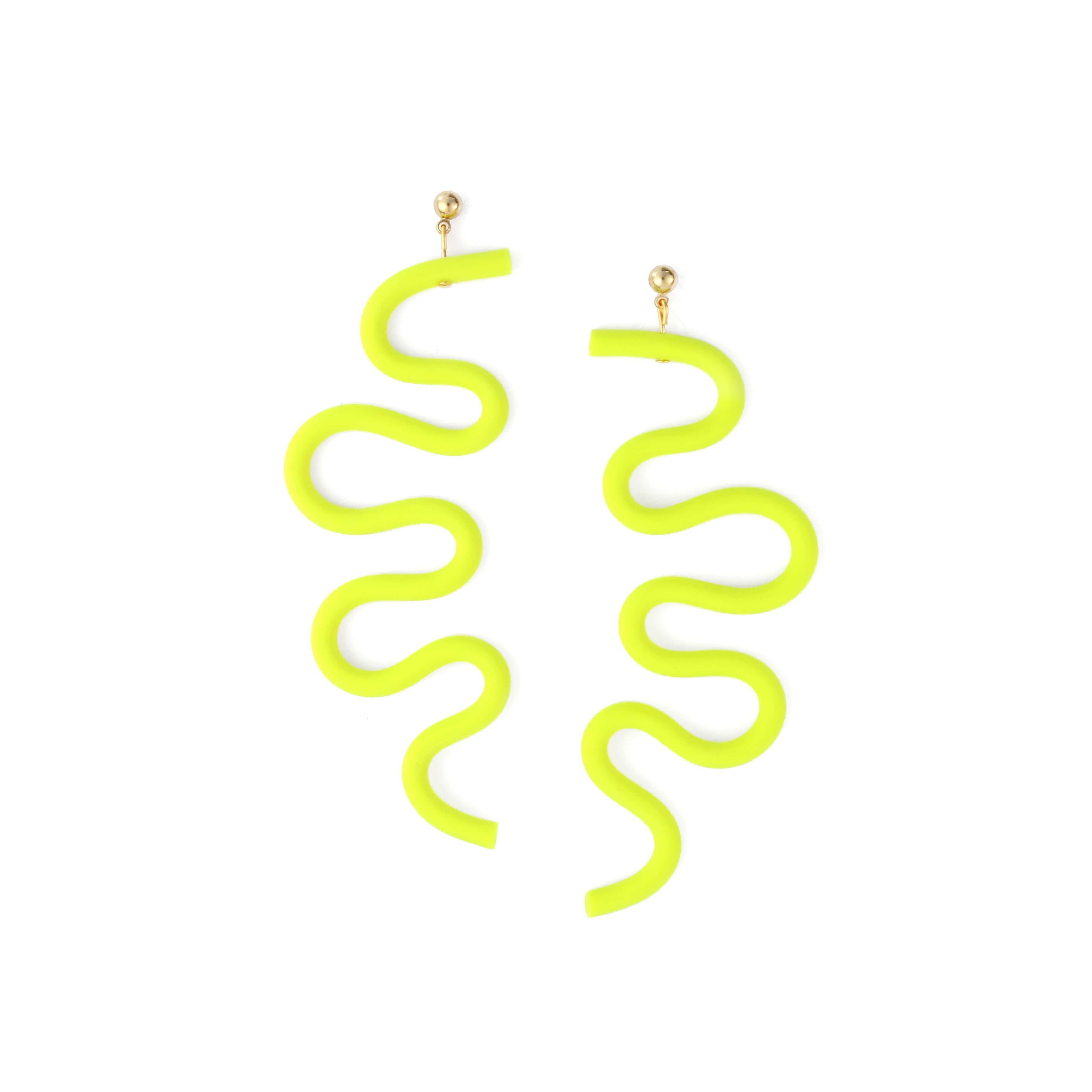 Tube Squiggle dangly statement earrings small in neon yellow #color_neon-yellow