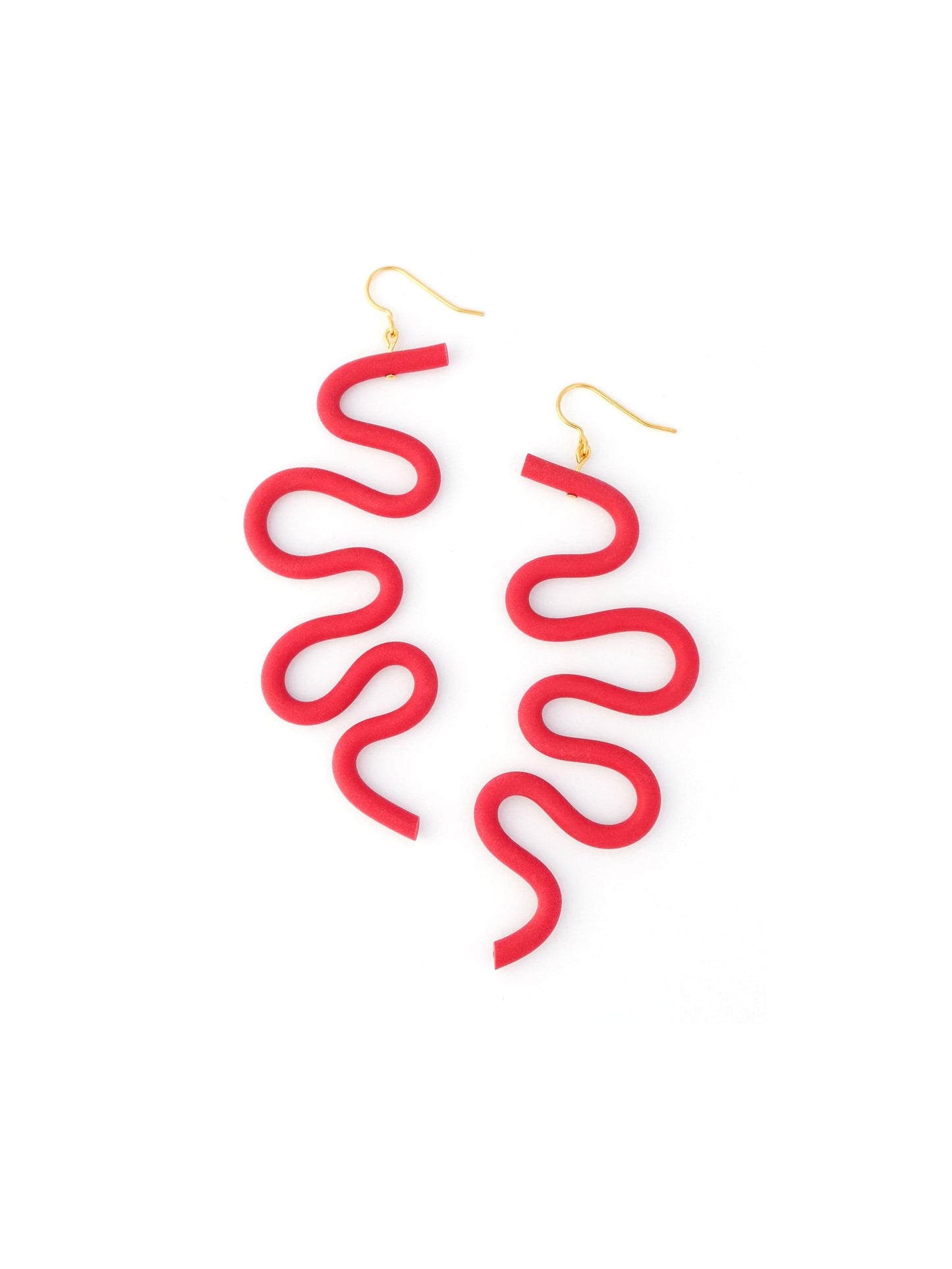 Red squiggle earrings, bold, lightweight, drop-length, soft-touch finish on gold hardware #color_red
