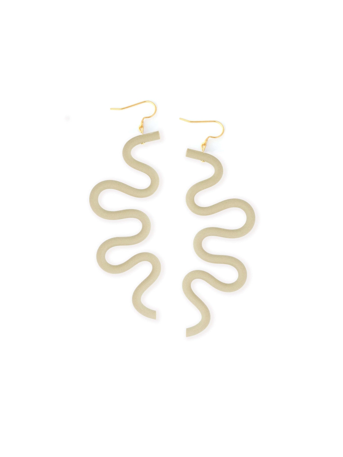 Taupe squiggle earrings, matte, lightweight, tubular, abstract wavy silhouette on gold hooks #color_taupe