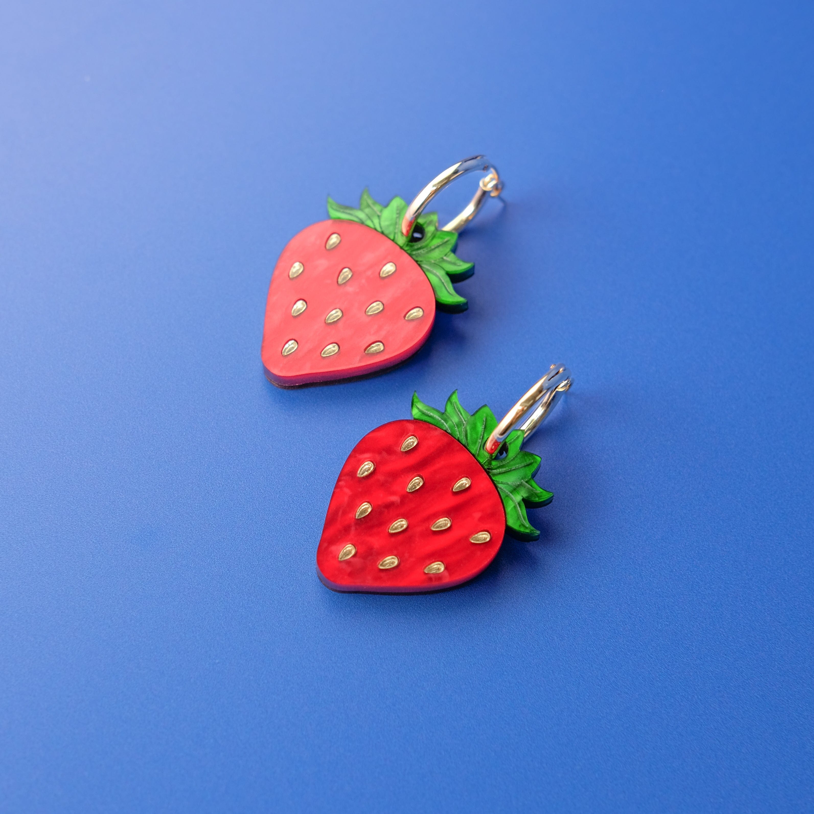 Strawberry dangly gold-filled hoop earrings with removable charm