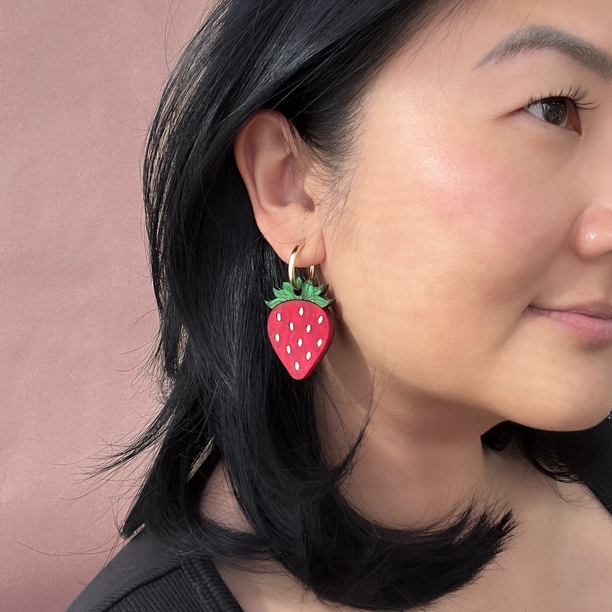 Strawberry dangly gold-filled hoop earrings with removable charm