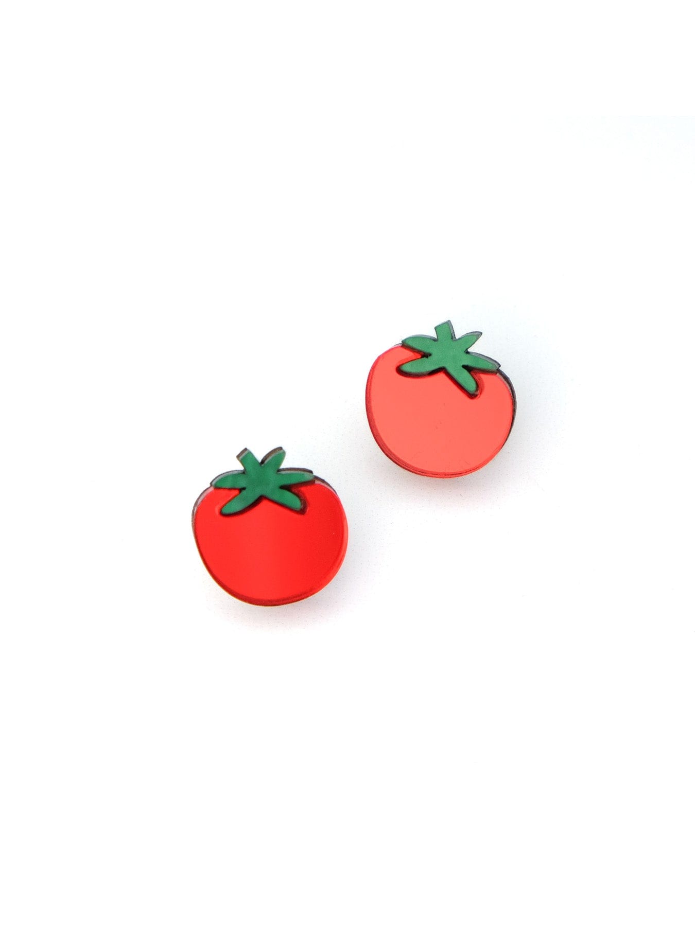 Tomato stud earrings, glossy, lightweight, playful, green leafy tops #color_red-green