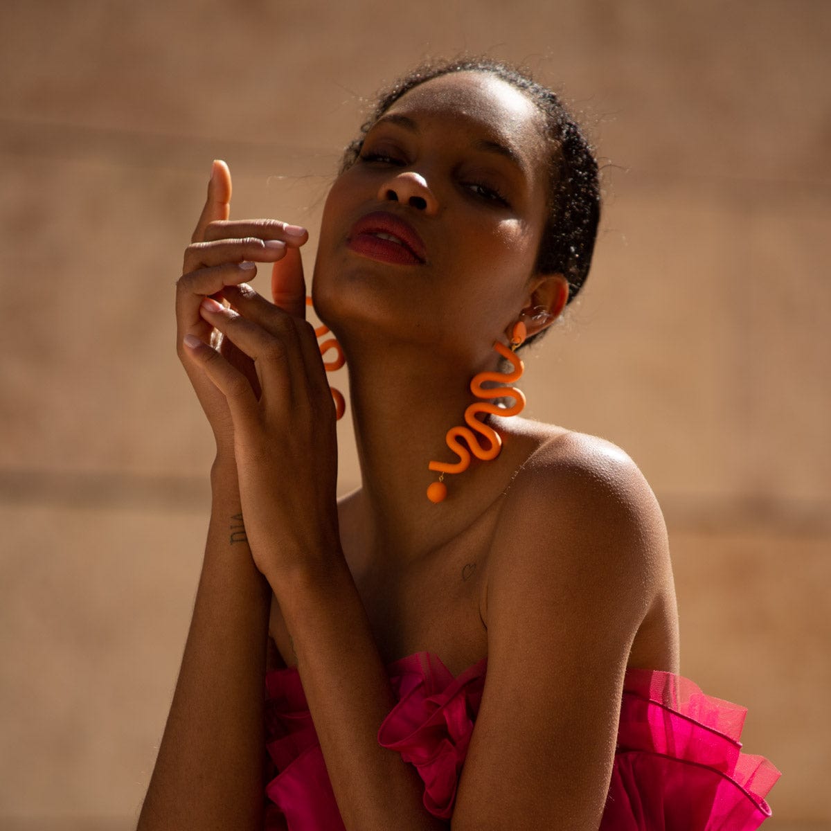 Tube Squiggles Dangly Funky Earrings in Orange #color_orange