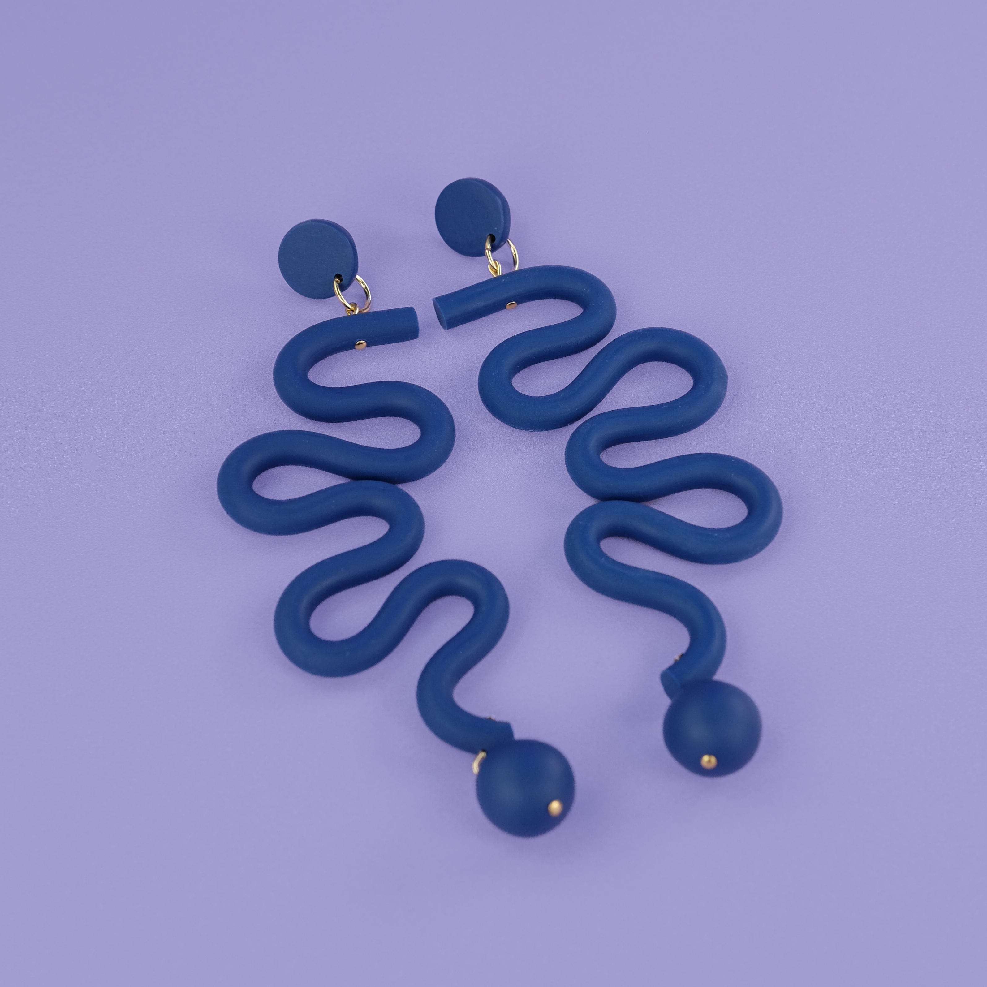 Tube Squiggles Dangly Funky hand-made Statement Earrings in Navy #color_navy