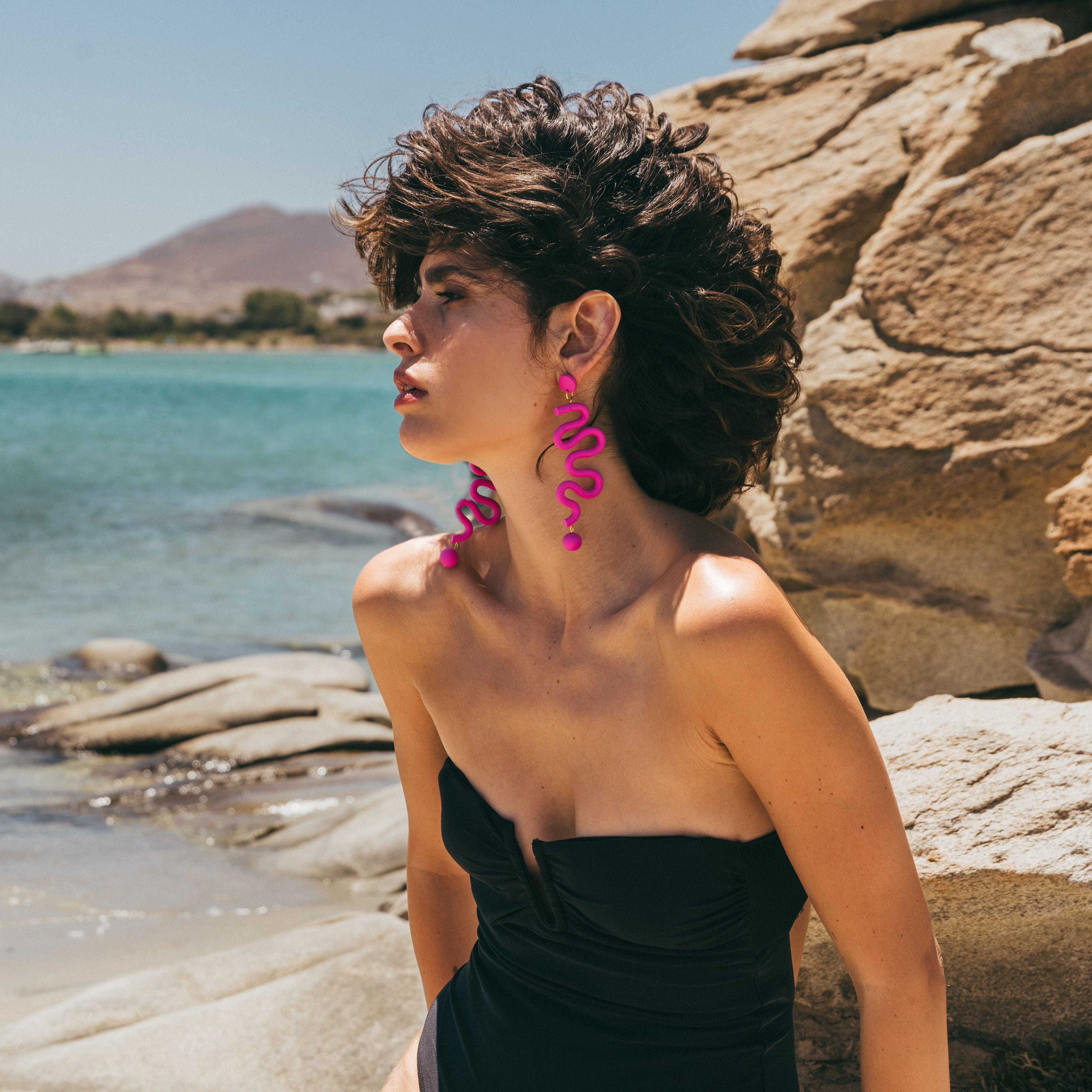 Tube Squiggles Dangly Funky Earrings in barbie pink #color_hot-pink