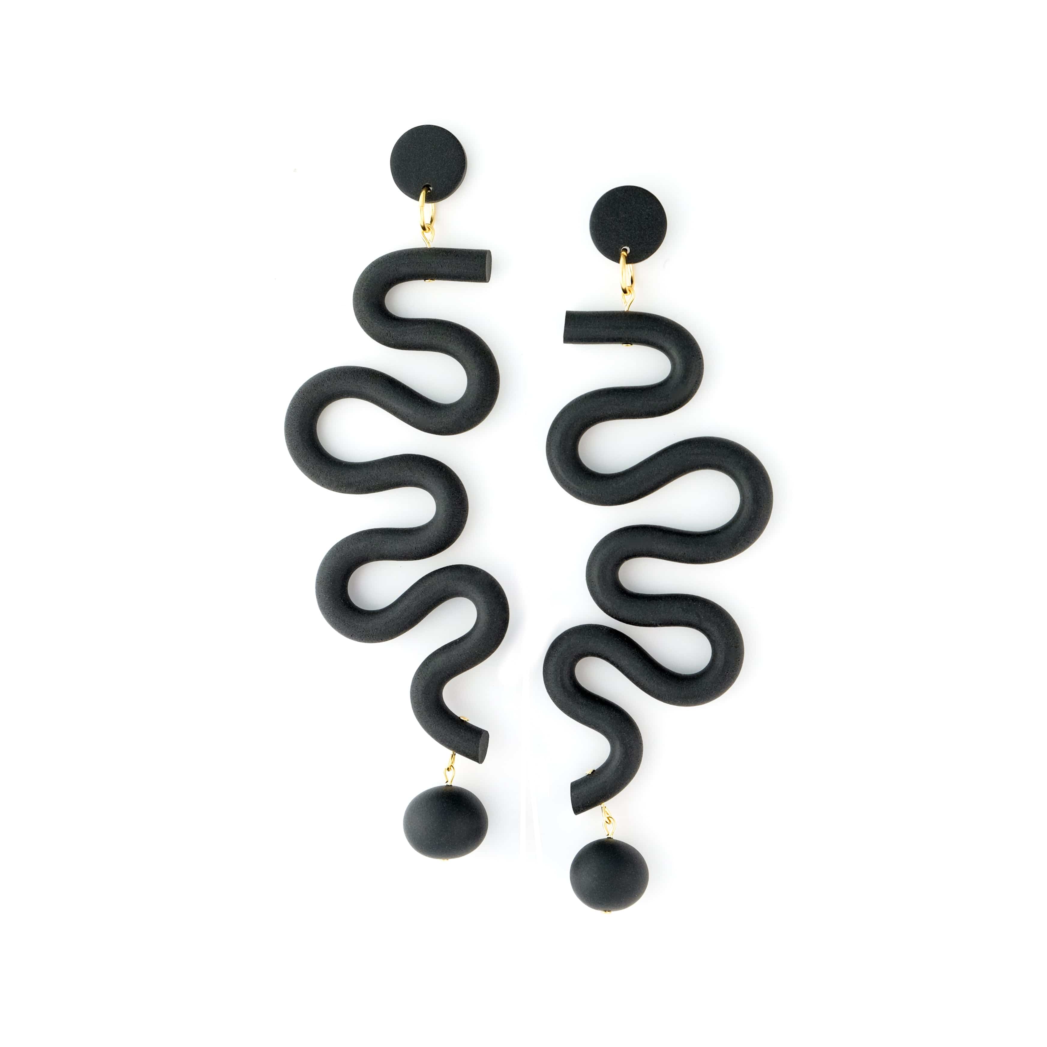 Tube Squiggles Dangly Funky Statement Earrings in black #color_black