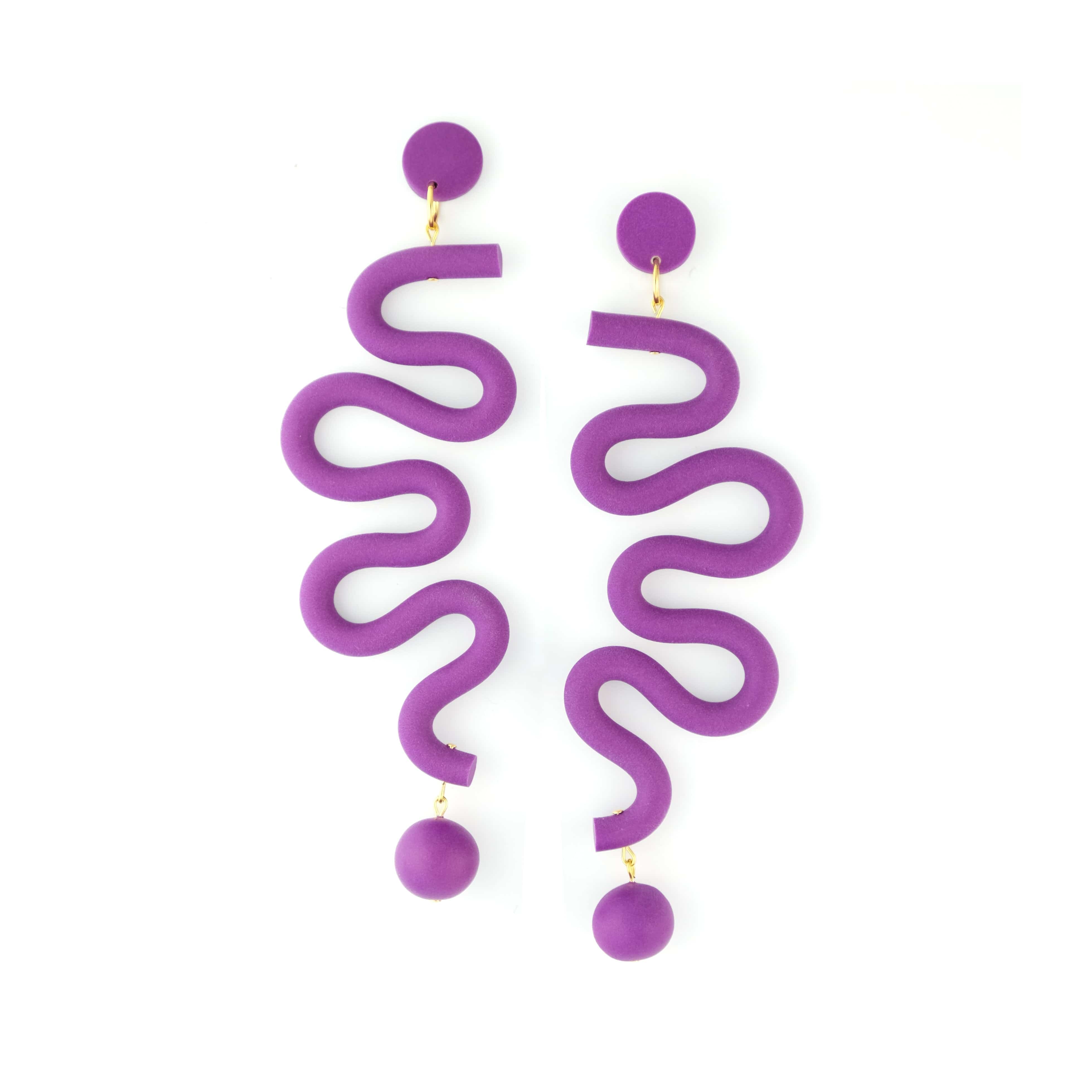 Tube Squiggles Dangly Funky hand-made Statement Earrings in Deep Purple #color_deep-purple