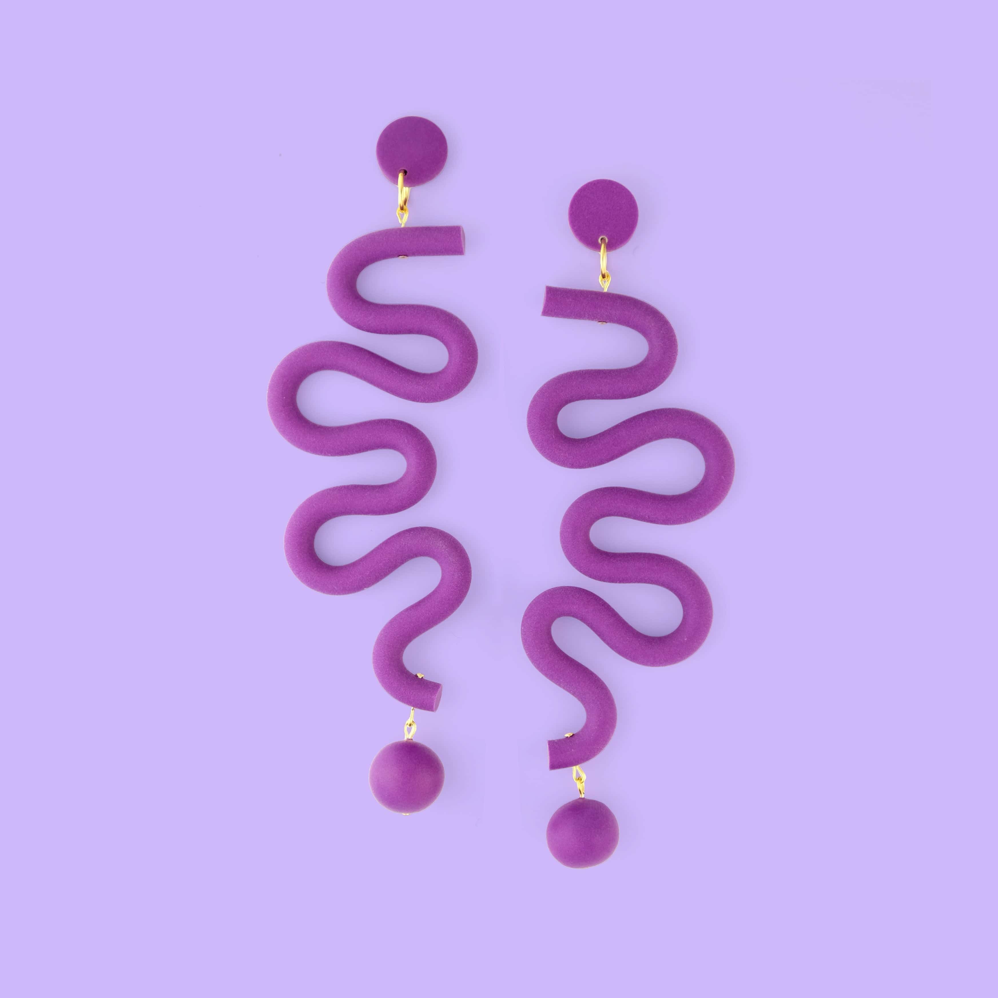 Tube Squiggles Dangly Funky hand-made Statement Earrings in Deep Purple #color_deep-purple