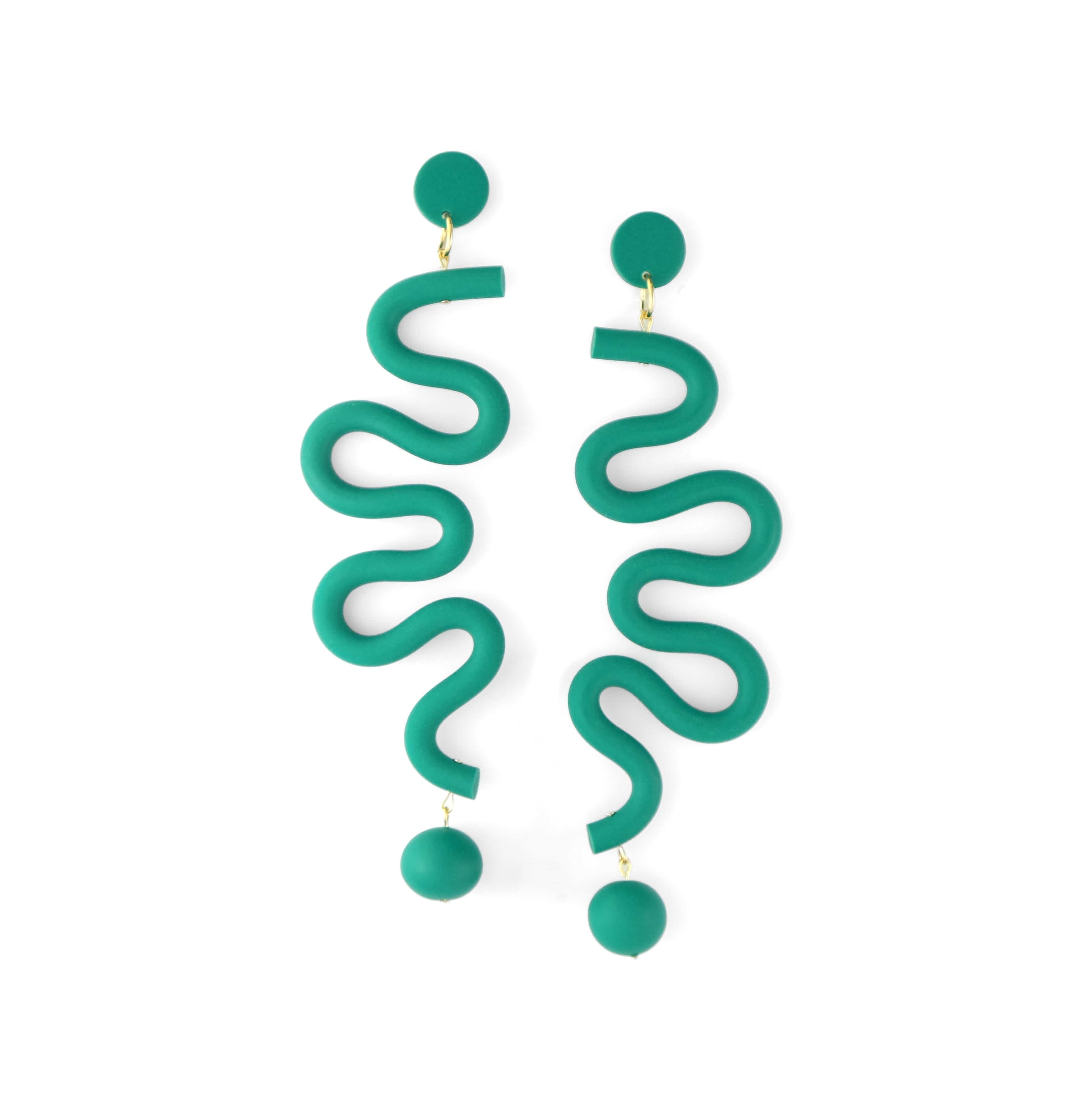 Tube Squiggles Dangly Funky hand-made Statement Earrings in Emerald #color_emerald