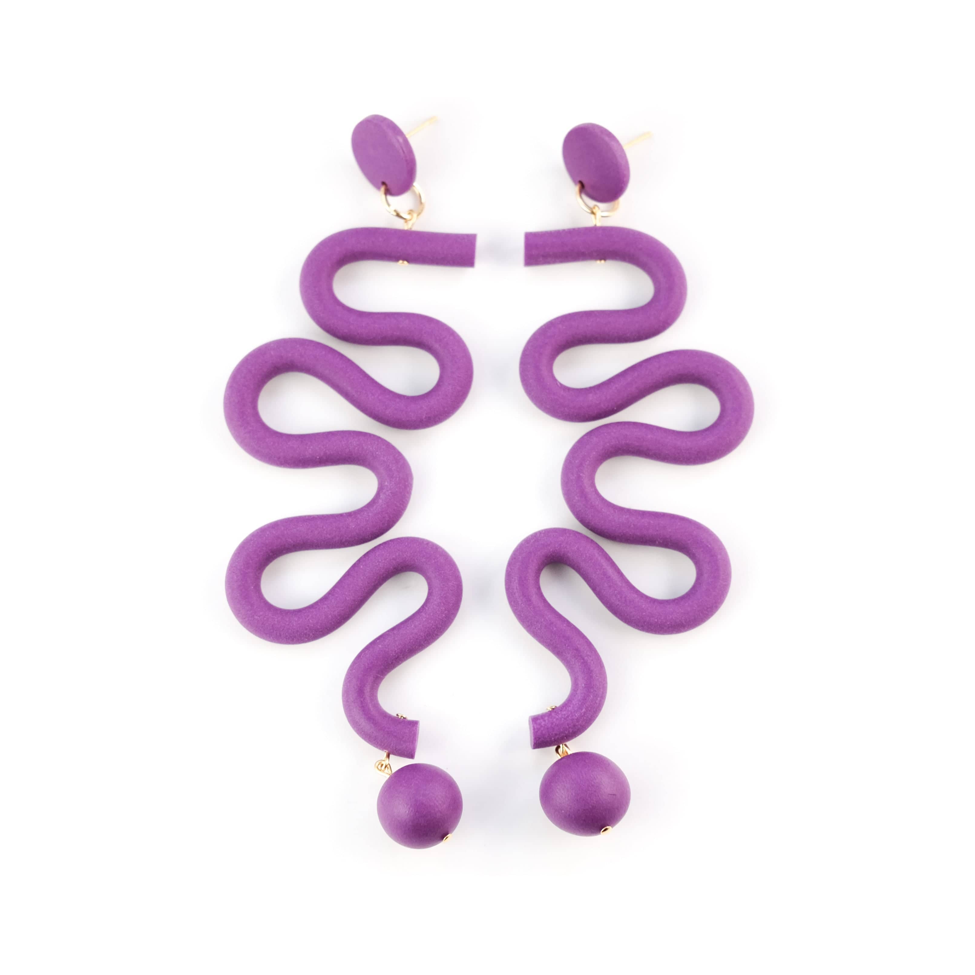 Tube Squiggles Dangly Funky hand-made Statement Earrings in Deep Purple #color_deep-purple