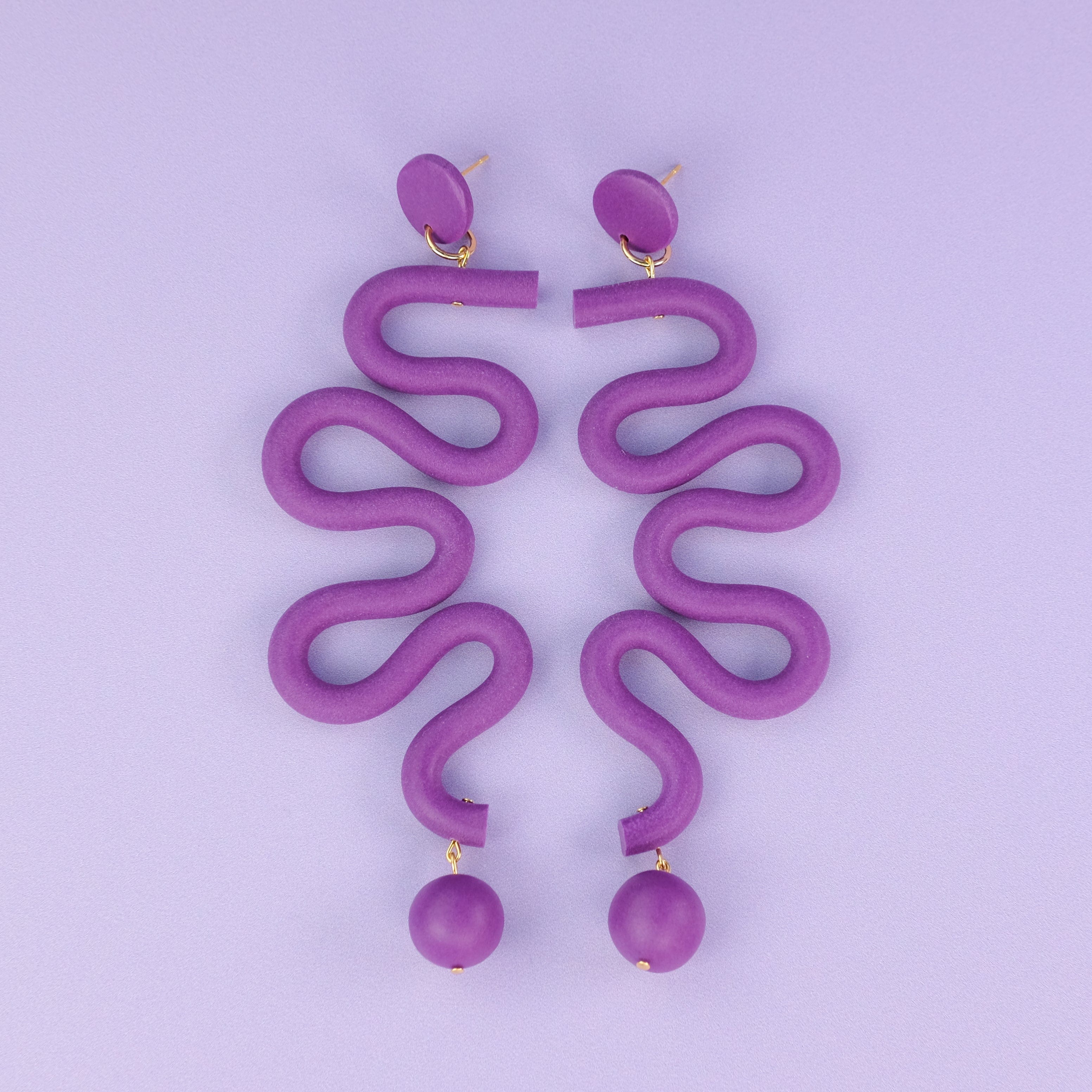 Tube Squiggles Dangly Funky hand-made Statement Earrings in Deep Purple #color_deep-purple