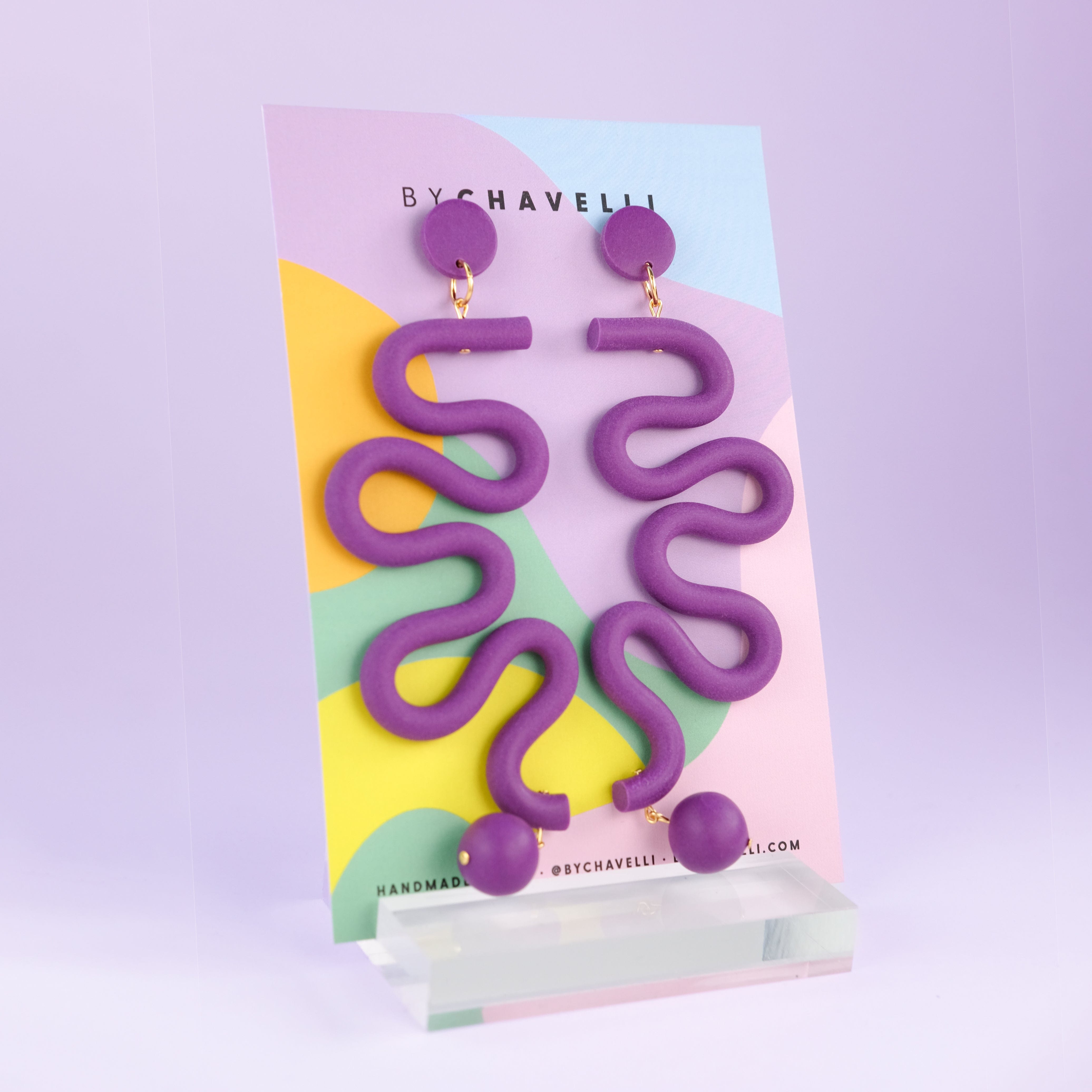 Tube Squiggles Dangly Funky hand-made Statement Earrings in Deep Purple #color_deep-purple